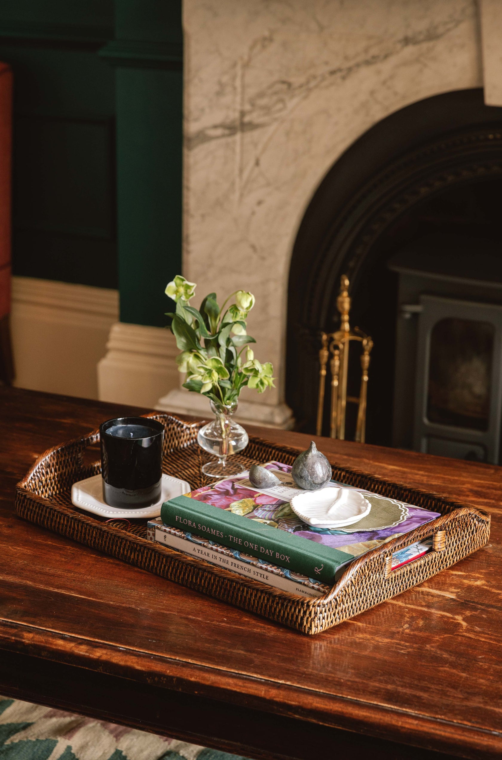 Rebecca Udall, Luxury Classic Handwoven Rattan Wicker Tray with the Bronze Fig Sculpture
