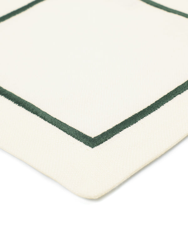 Rebecca Udall Luxury Metallic cord embroidery linen cocktail napkins coasters, Forest dark pine green white