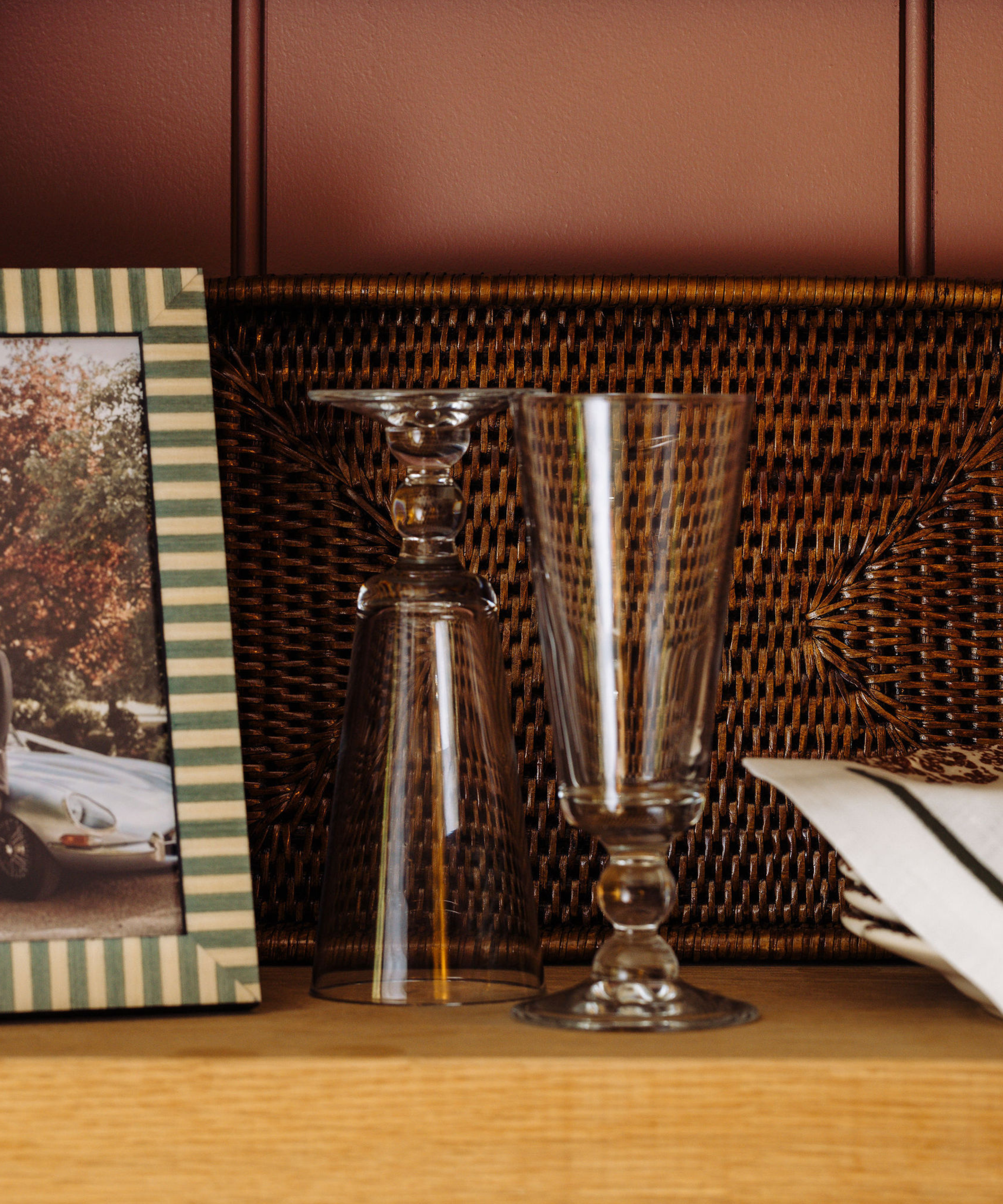 Evelyn Crystal Glassware, with Rattan Tray