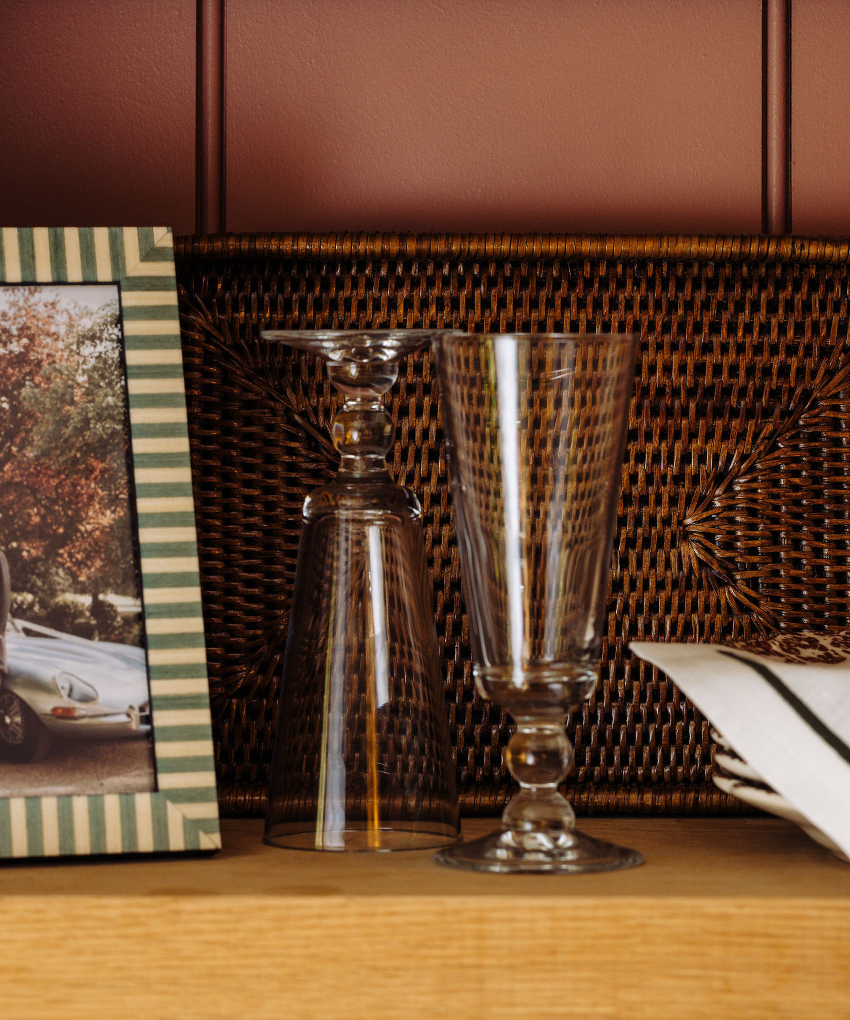 Evelyn Crystal Glassware, with Rattan Tray