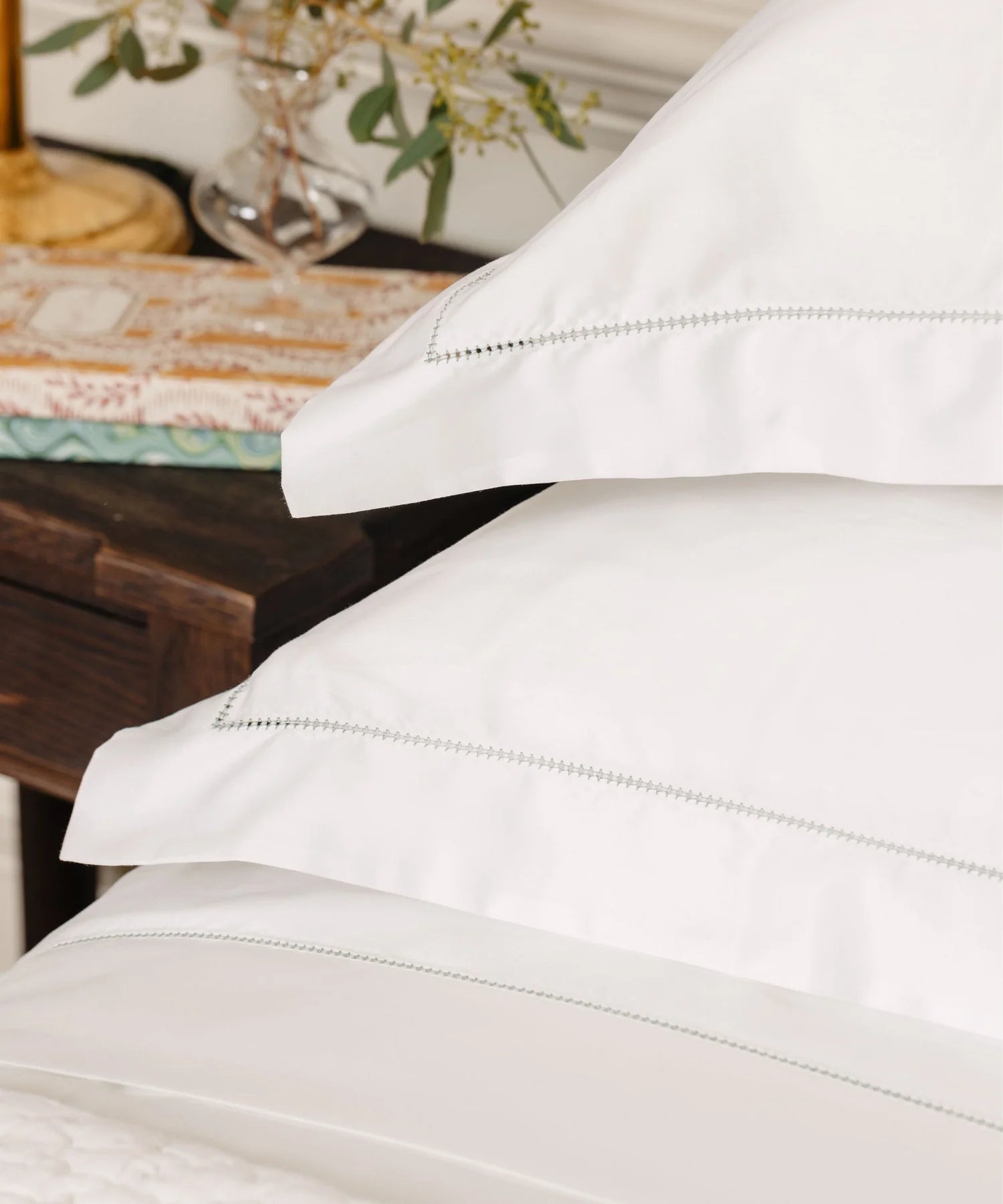 Porto Hemstitch Pillowcases, Frost Green, Details