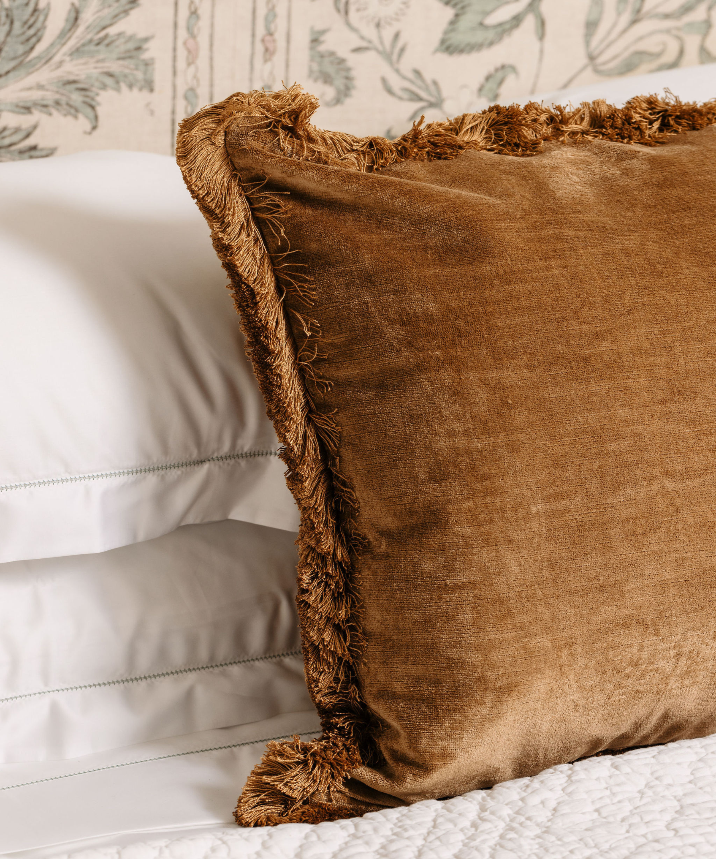 Rebecca Udall Lola Brushed Fringe Linen Velvet Square Cushion, Nougat, lifestyle detail