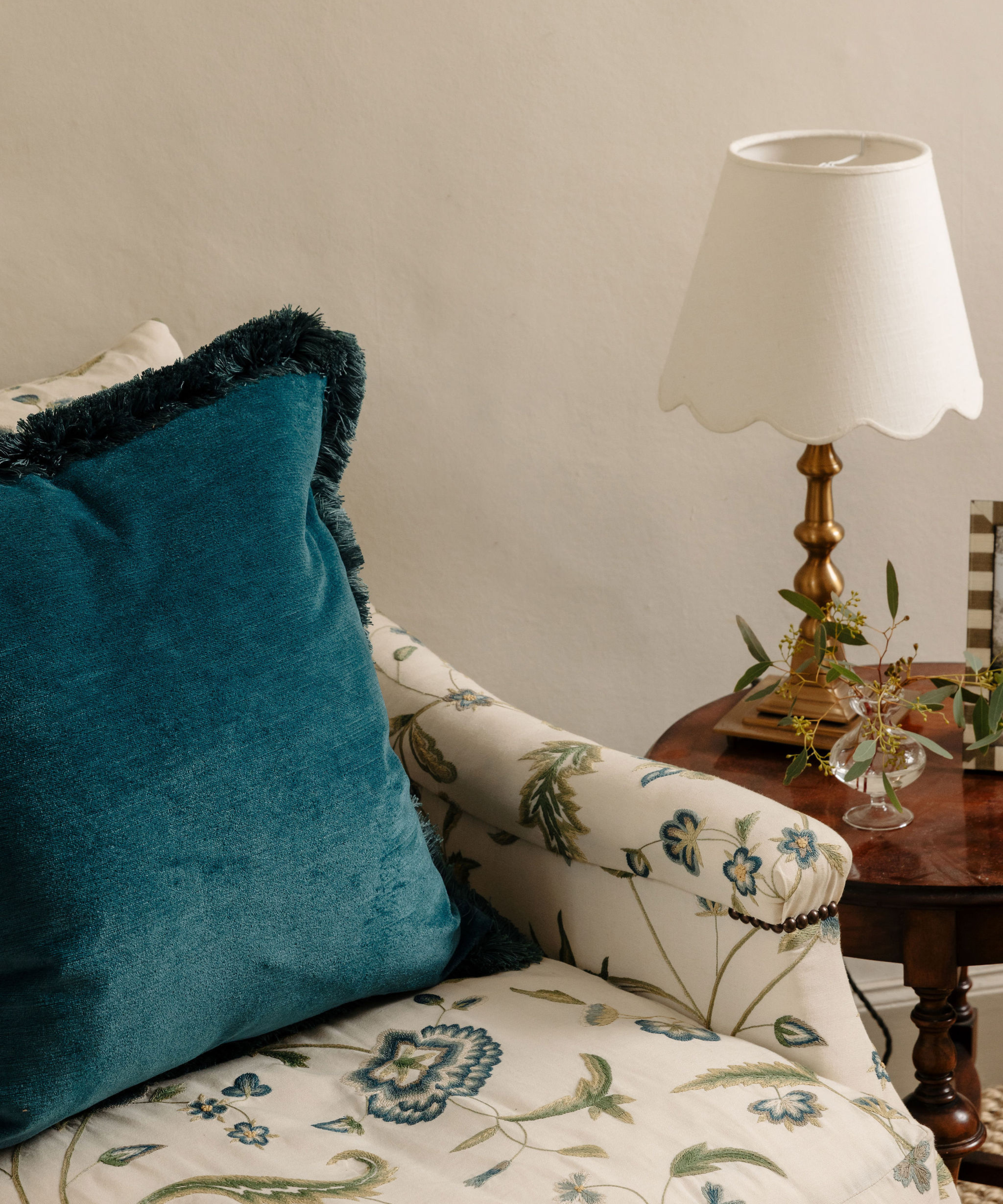 Rebecca Udall Lola Brushed Fringe Linen Velvet Square Cushion, Denim Blue & Emily Bud Vase