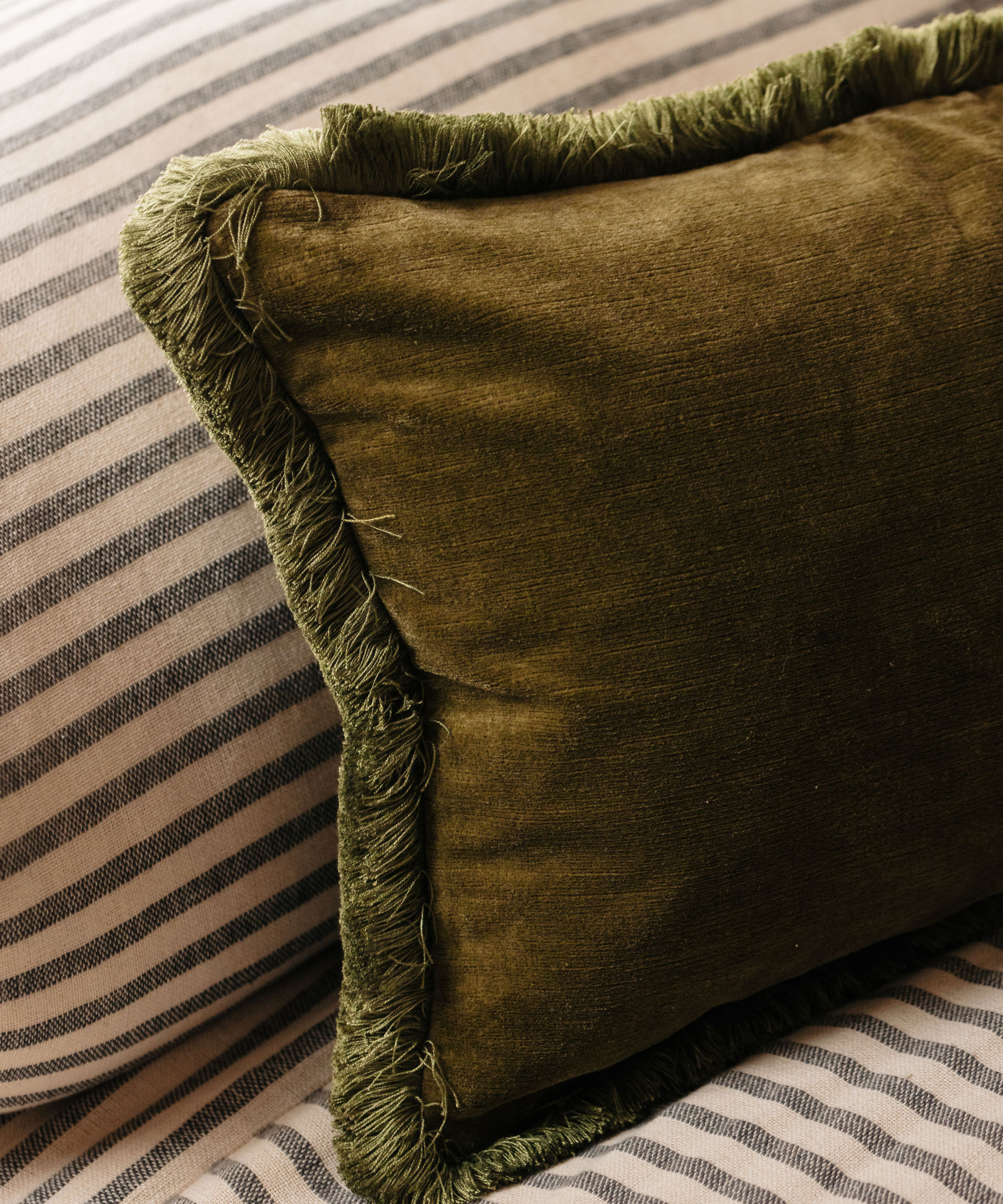 Rebecca Udall Lola Brushed Fringe Linen Velvet Cushion, Classic Rectangular, Moss, Lifestyle Detail