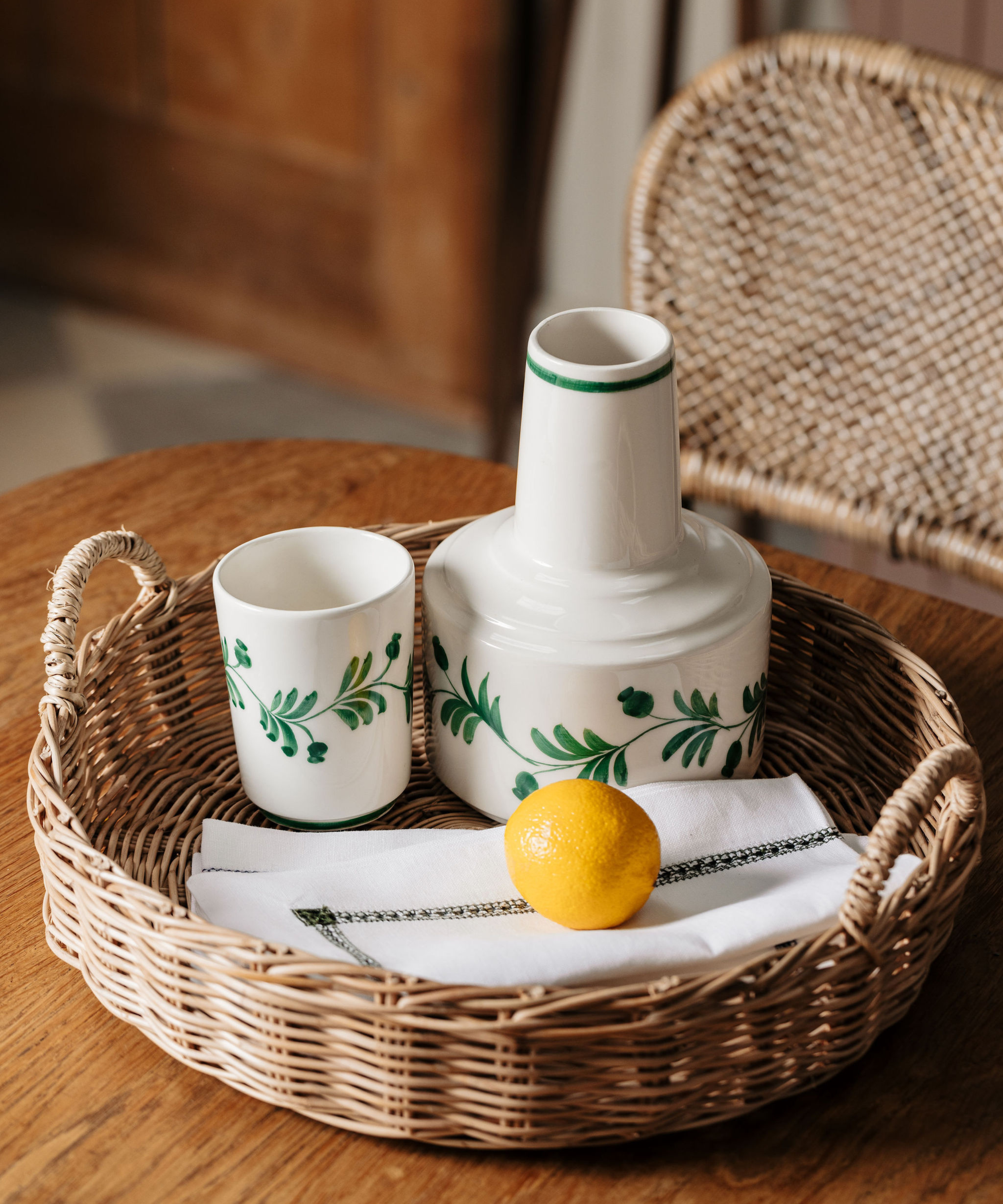 Rebecca Udall Georgiana Ladderstitch Linen Napkin, Fern with Iris Ceramic Carafe
