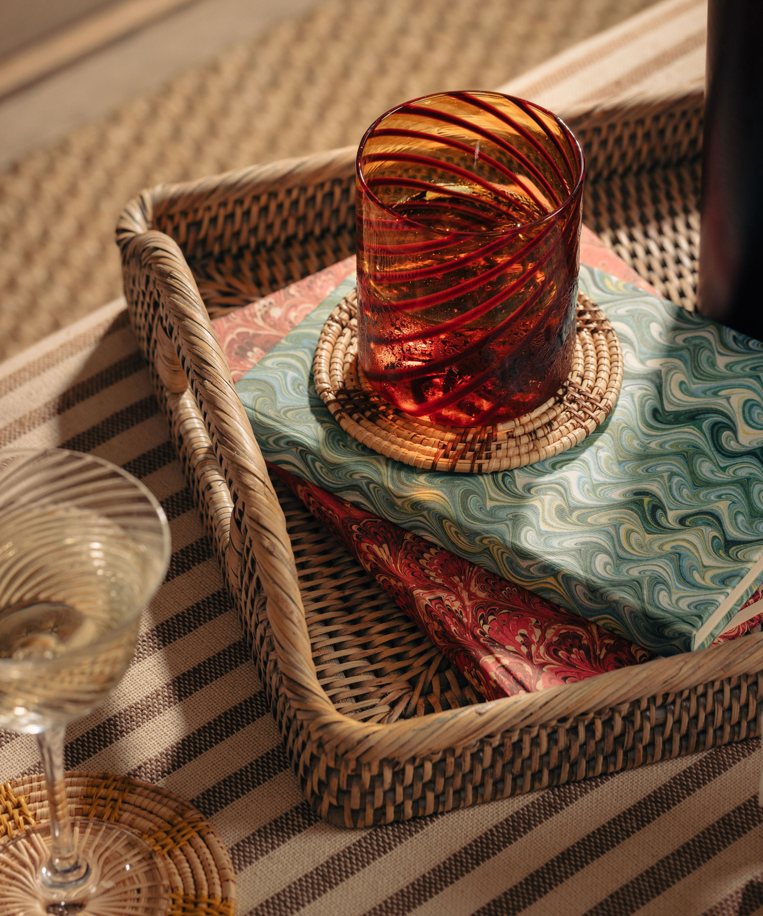 Rebecca Udall Rattan Serving Trays, Taupe with Murano Glass