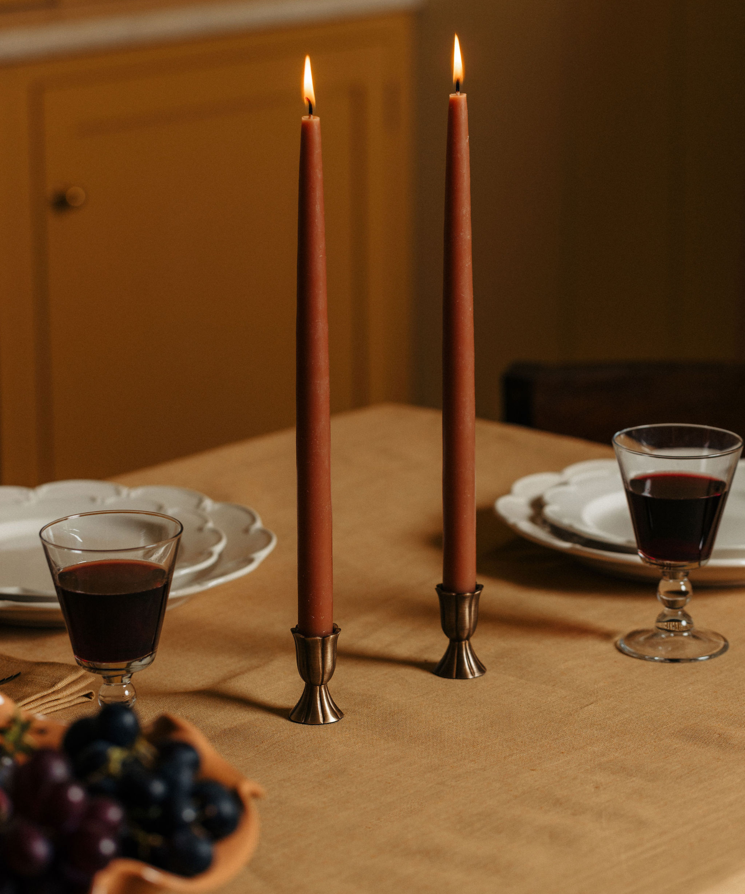Classic Linen Table Linens, Straw, with Taper Candles