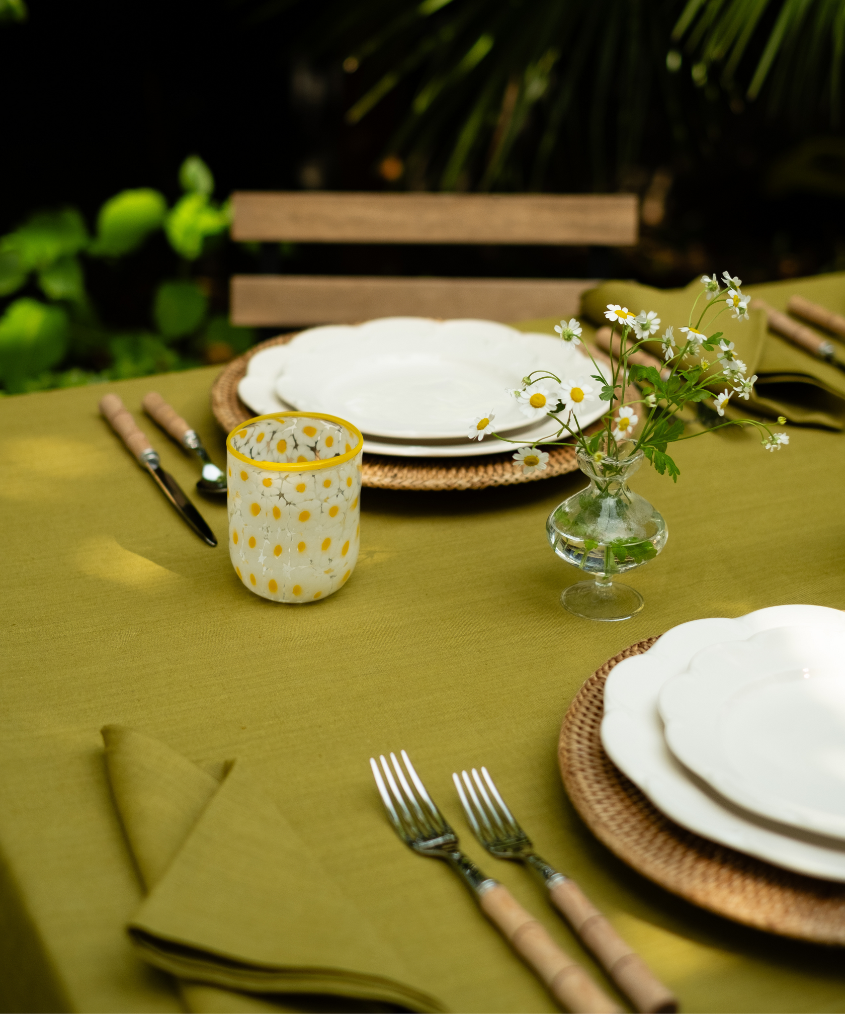 Classic Linen Table Linens, Chartreuse, with Bud Vase
