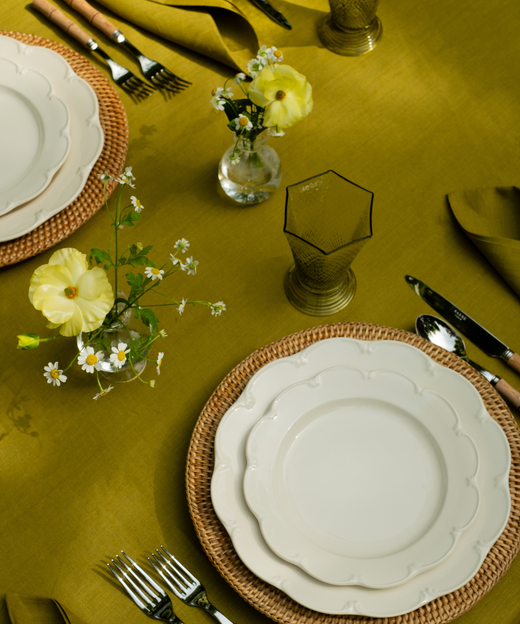 Classic Linen Table Linens, Chartreuse, with Olivia Crockery