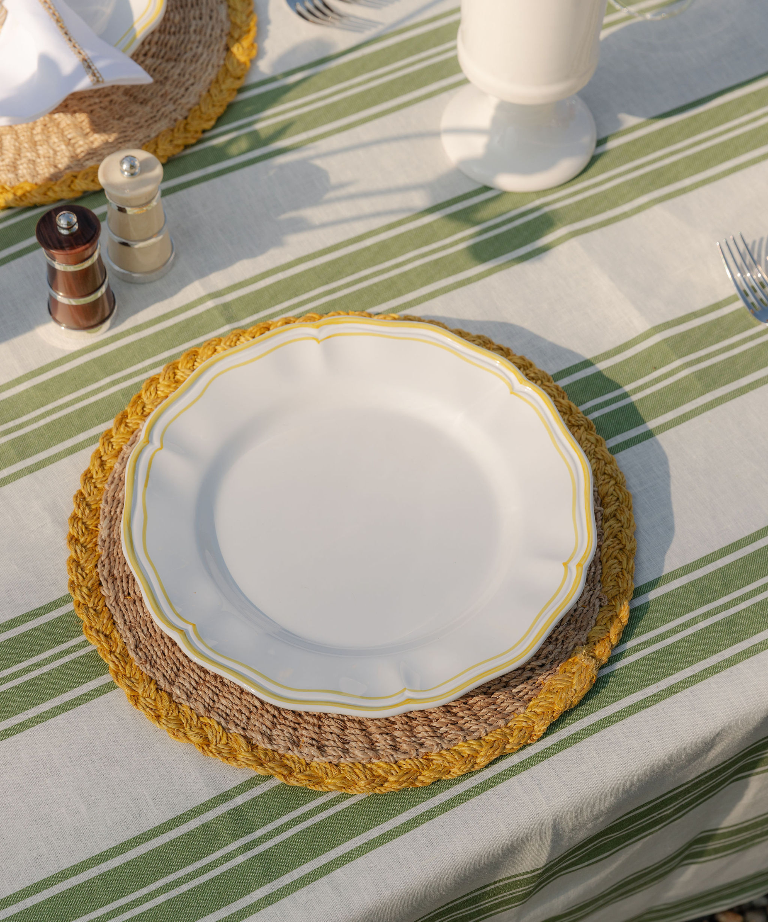 Zita Scalloped Crockery, Citrus Yellow, Lifestyle, with Abaca Placemat