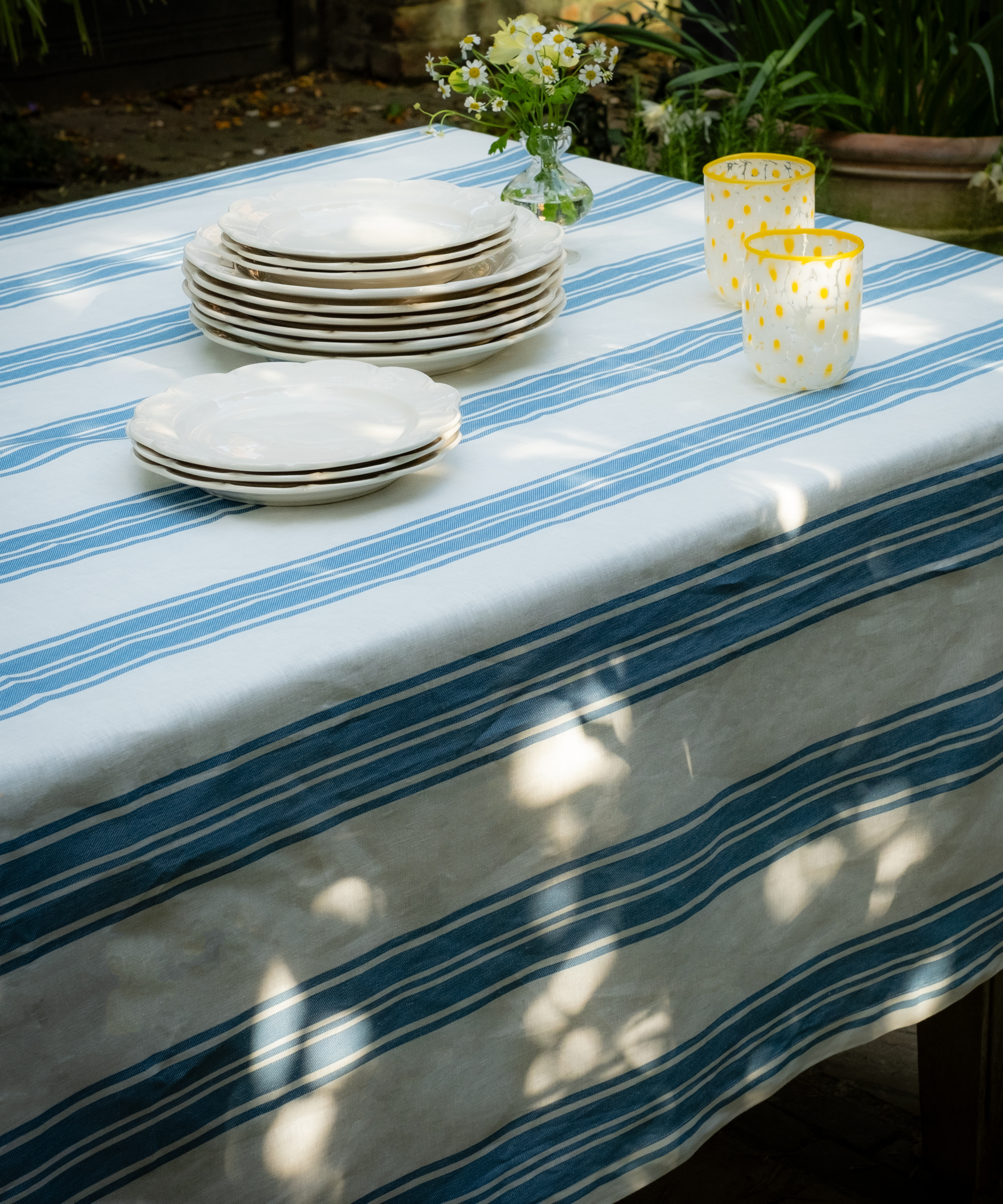 Colette Striped Linen Tablecloth, Harbour Blue