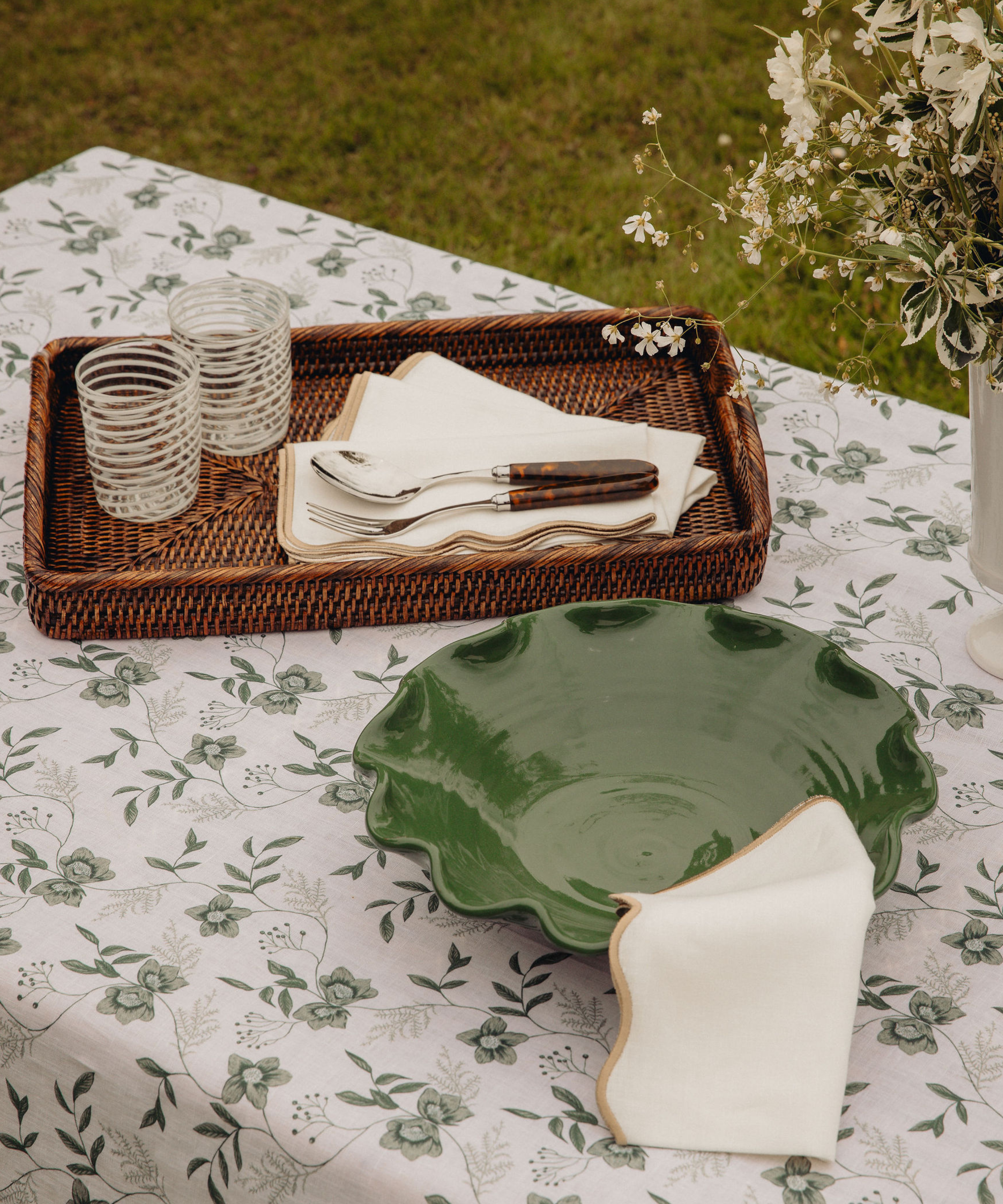 Rebecca Udall Alicia Murano Glass Tumbler, White with the Hellebore Tablecloth