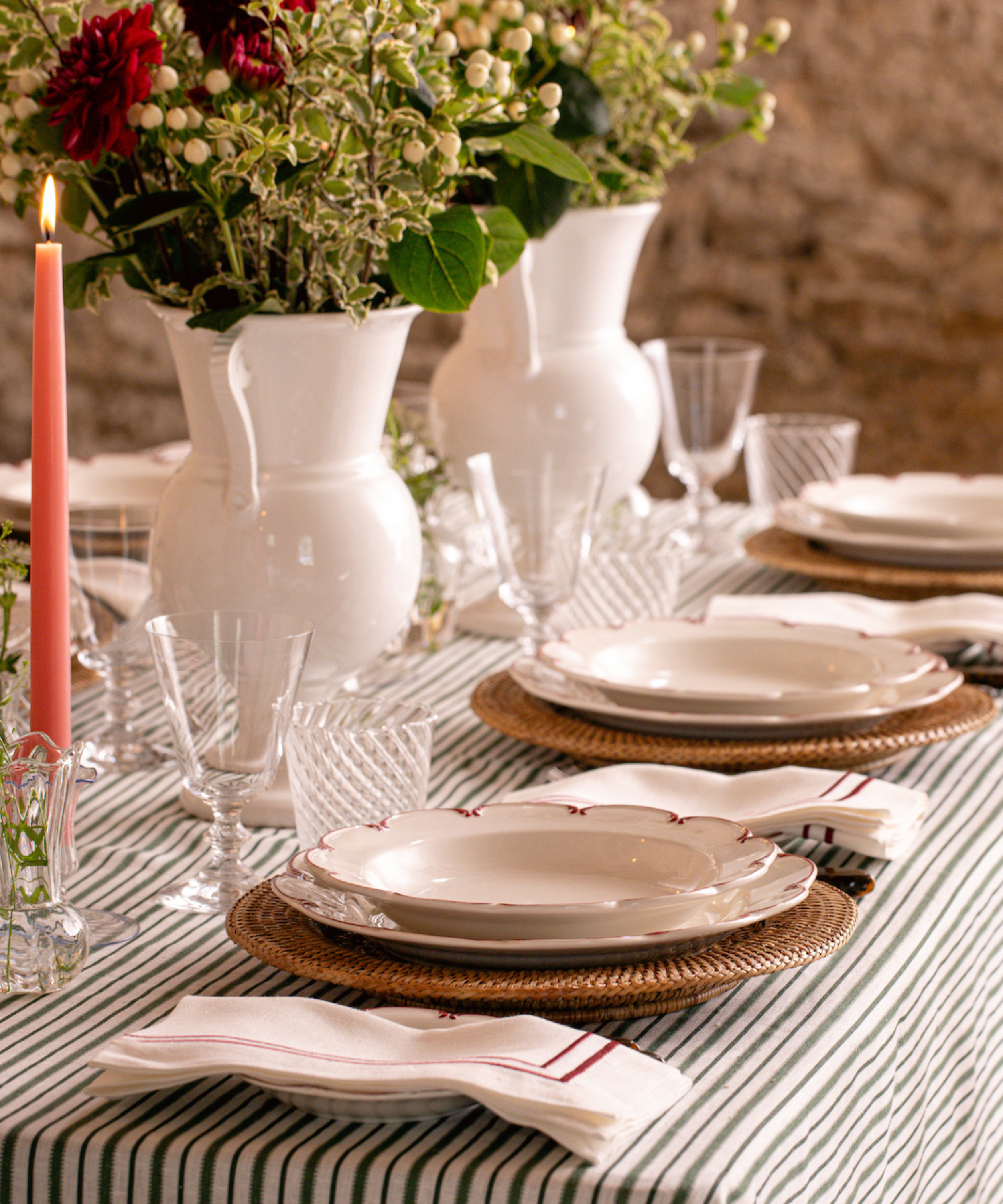 Victoria Striped Linen Tablecloth, Fir Green