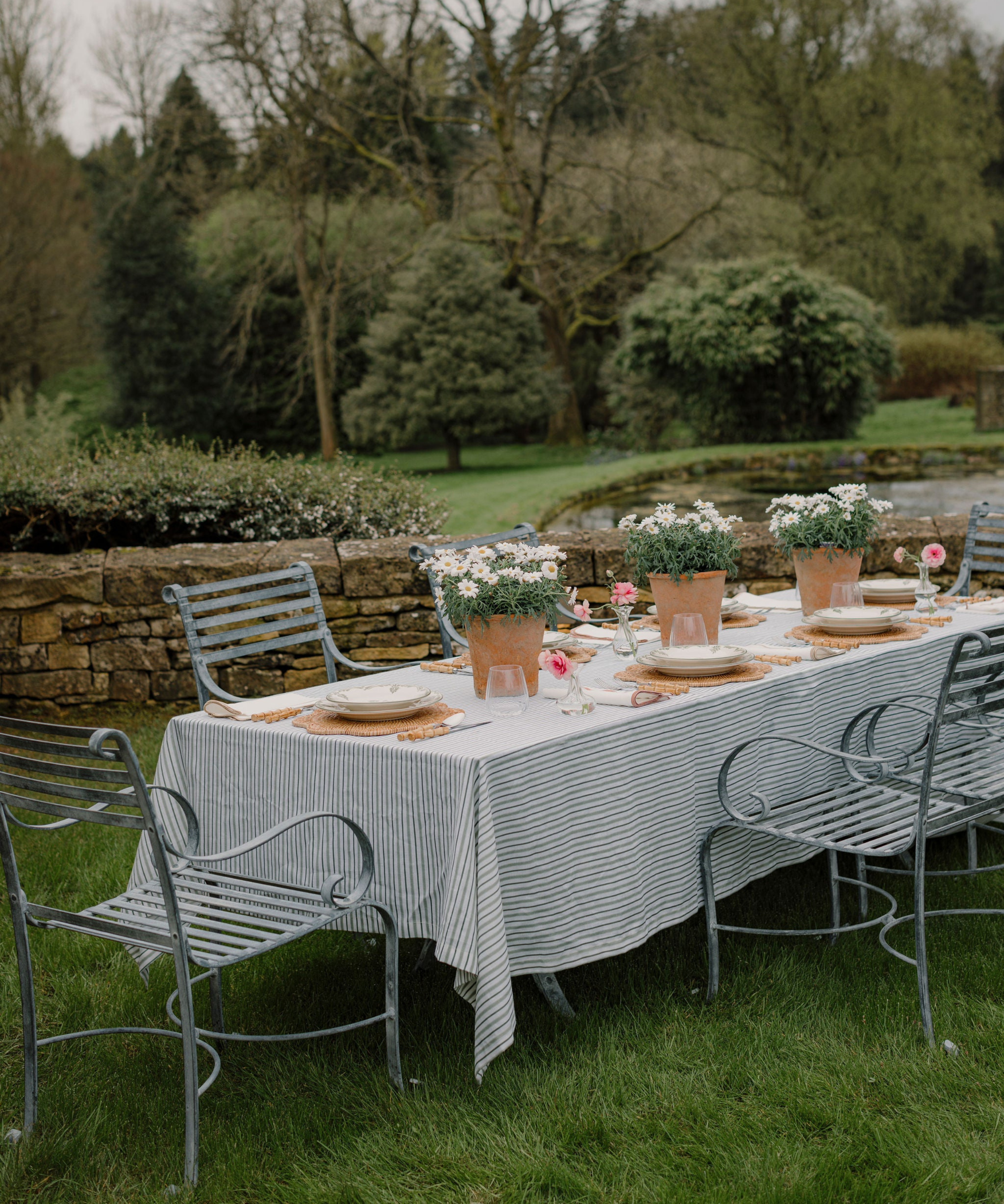 Rebecca Udall Victoria Striped Linen Tablecloth, Chalk & Moss Green, Lifestyle
