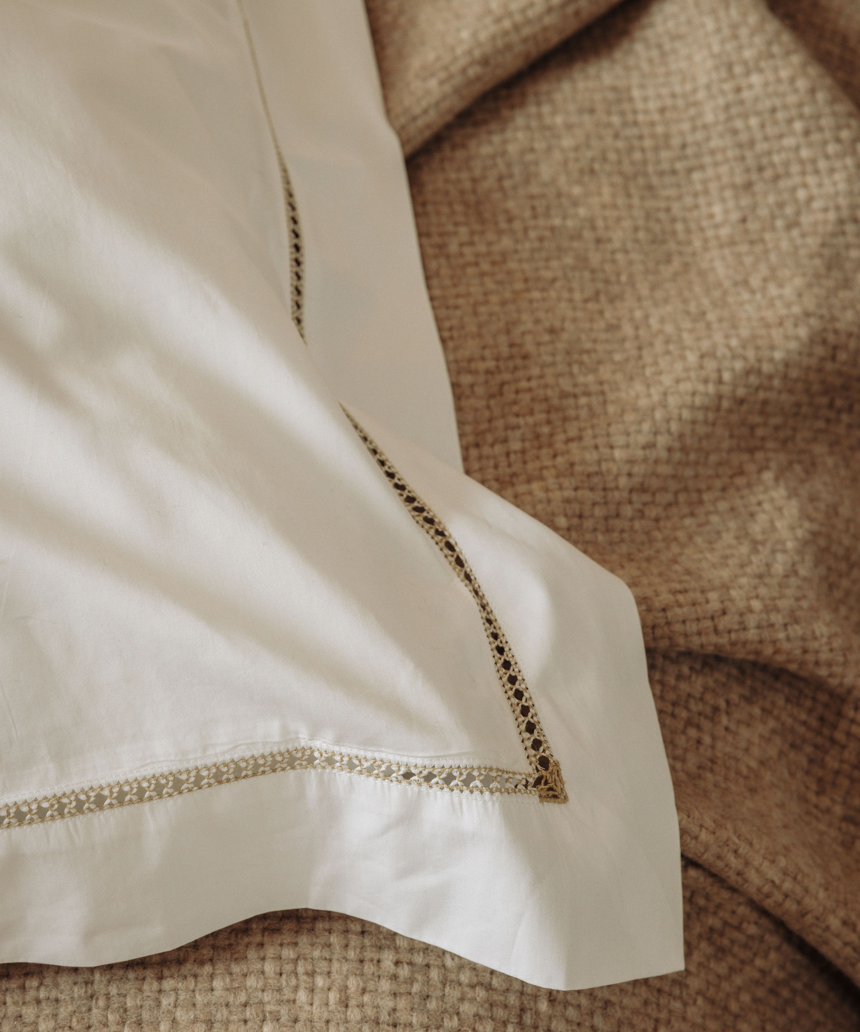 Rebecca Udall Georgiana Ladderstitch Boudoir Pillowcase in Nougat, and Rebecca Udall Basketweave Alpaca Throw