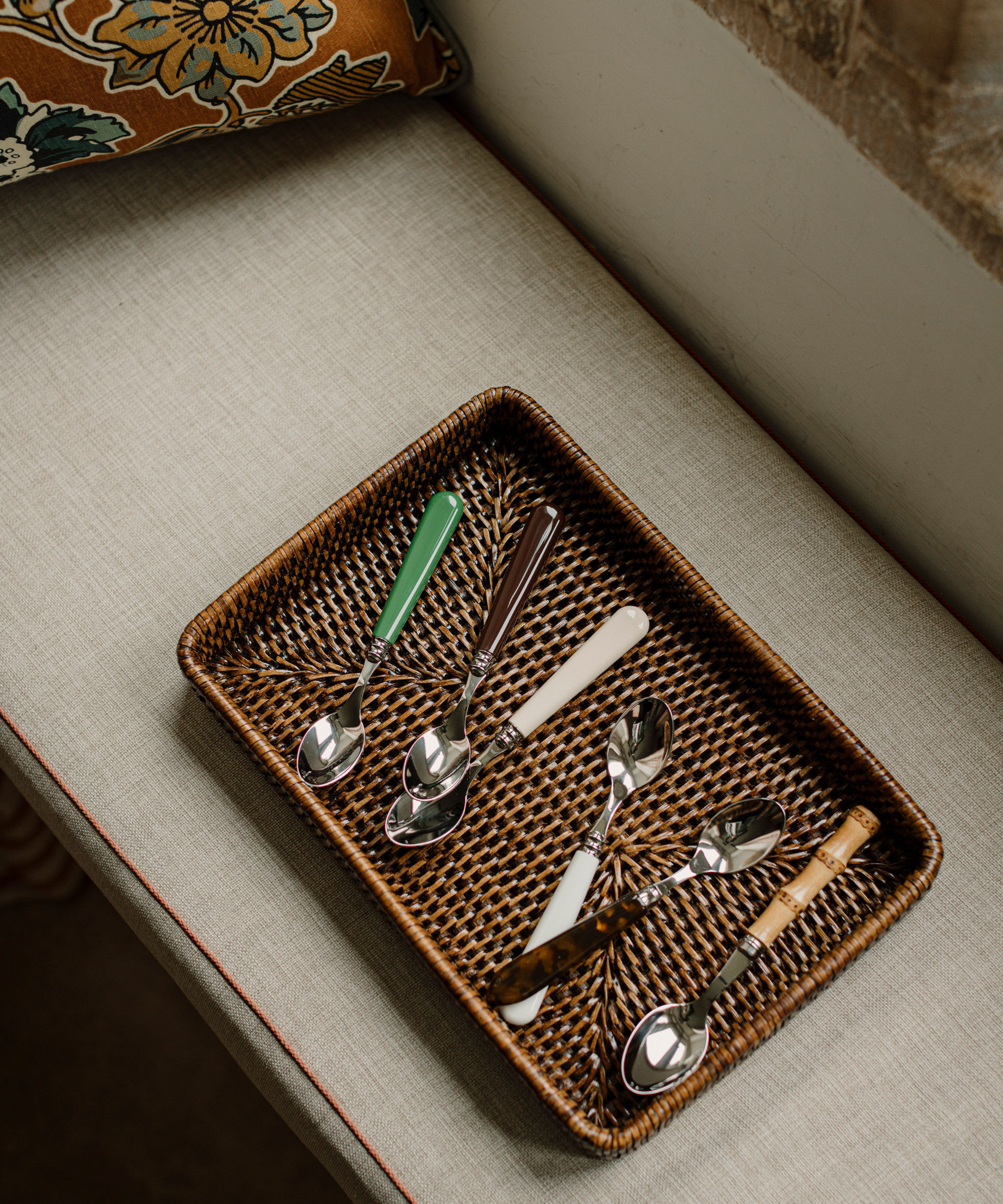 Rebecca Udall Rattan Decoration Tray with Classic and Bamboo Cutlery