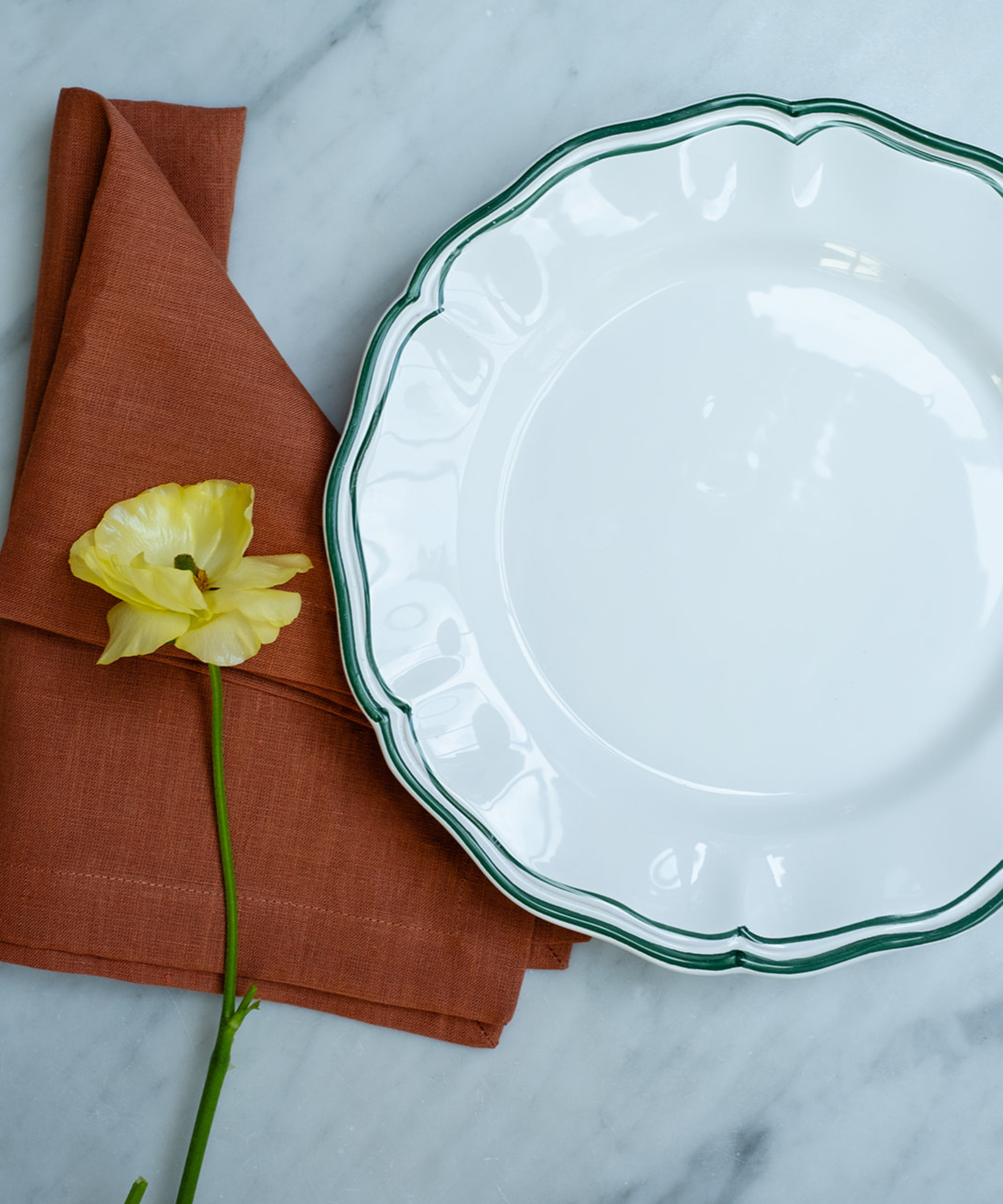 Zita Scalloped Crockery, Juniper Green, with Terracotta Linen Napkin