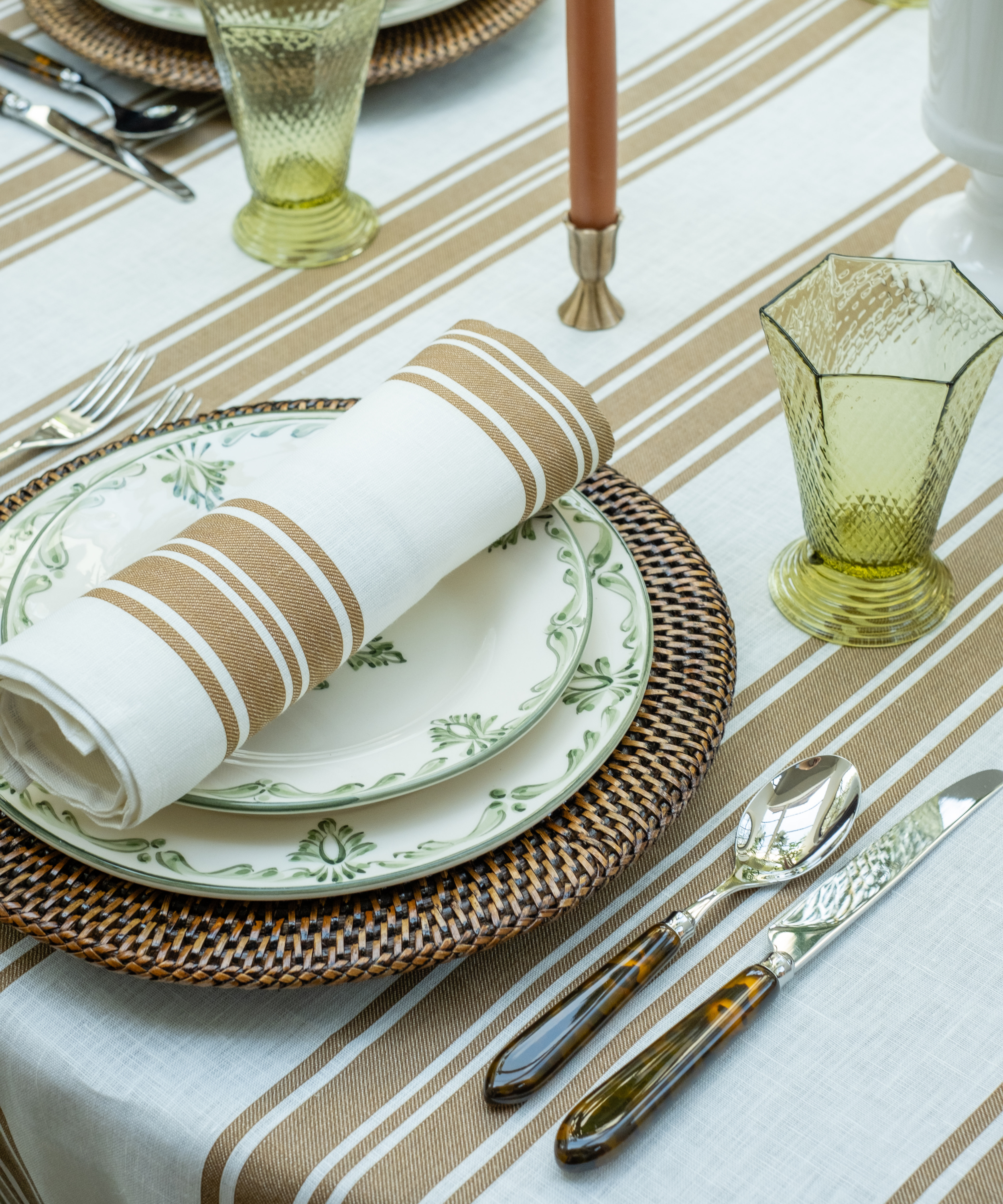 Colette Pleated Striped Linen Round Tablecloth, Nougat, with Napkin and Rattan Chargers