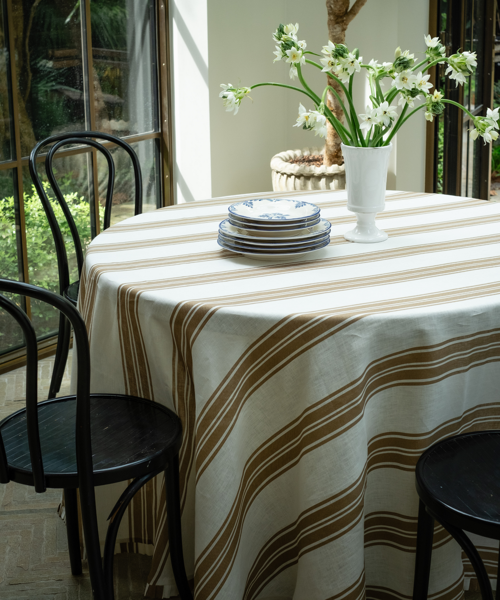 Colette Pleated Striped Linen Round Tablecloth, Nougat, with Eleanor Crockery