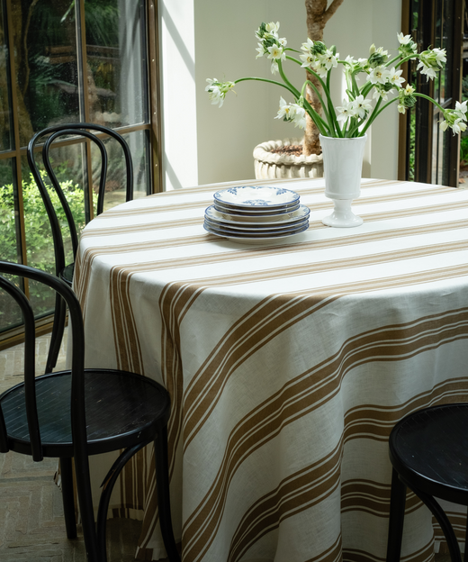 Colette Pleated Striped Linen Round Tablecloth, Nougat, with Eleanor Crockery