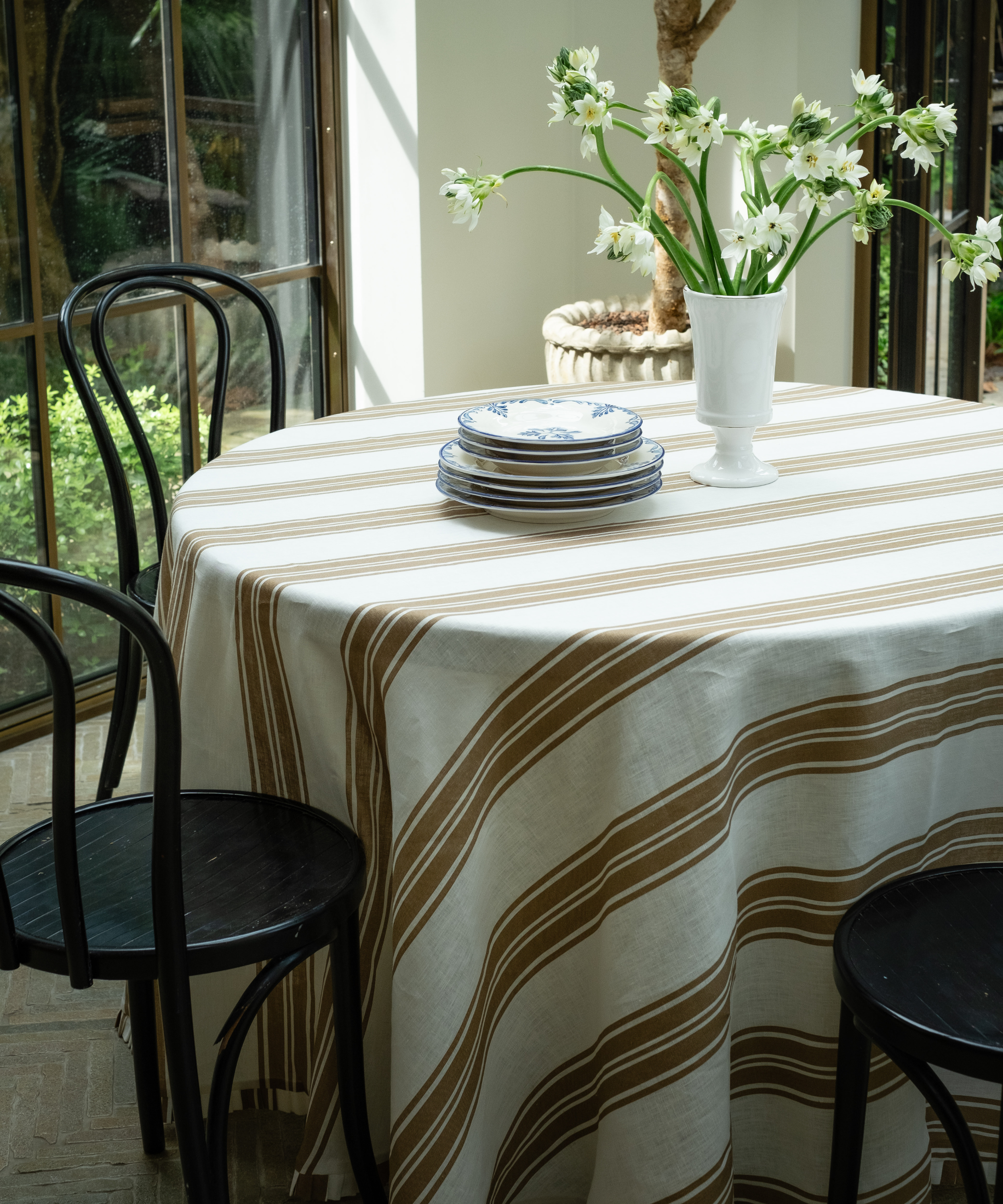 Colette Pleated Striped Linen Round Tablecloth, Nougat, with Eleanor Crockery