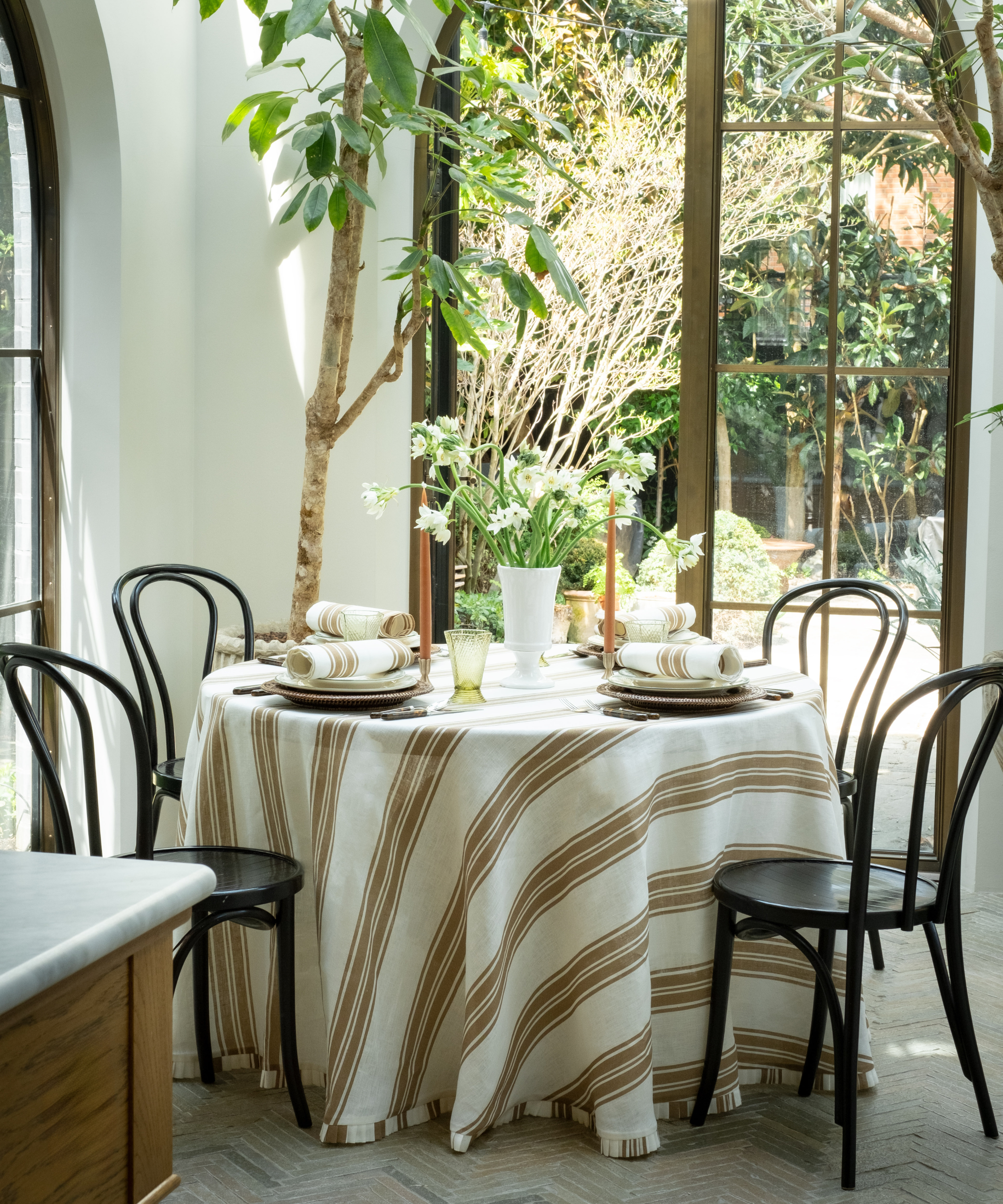 Colette Pleated Striped Linen Round Tablecloth, Nougat, with Flora Vase