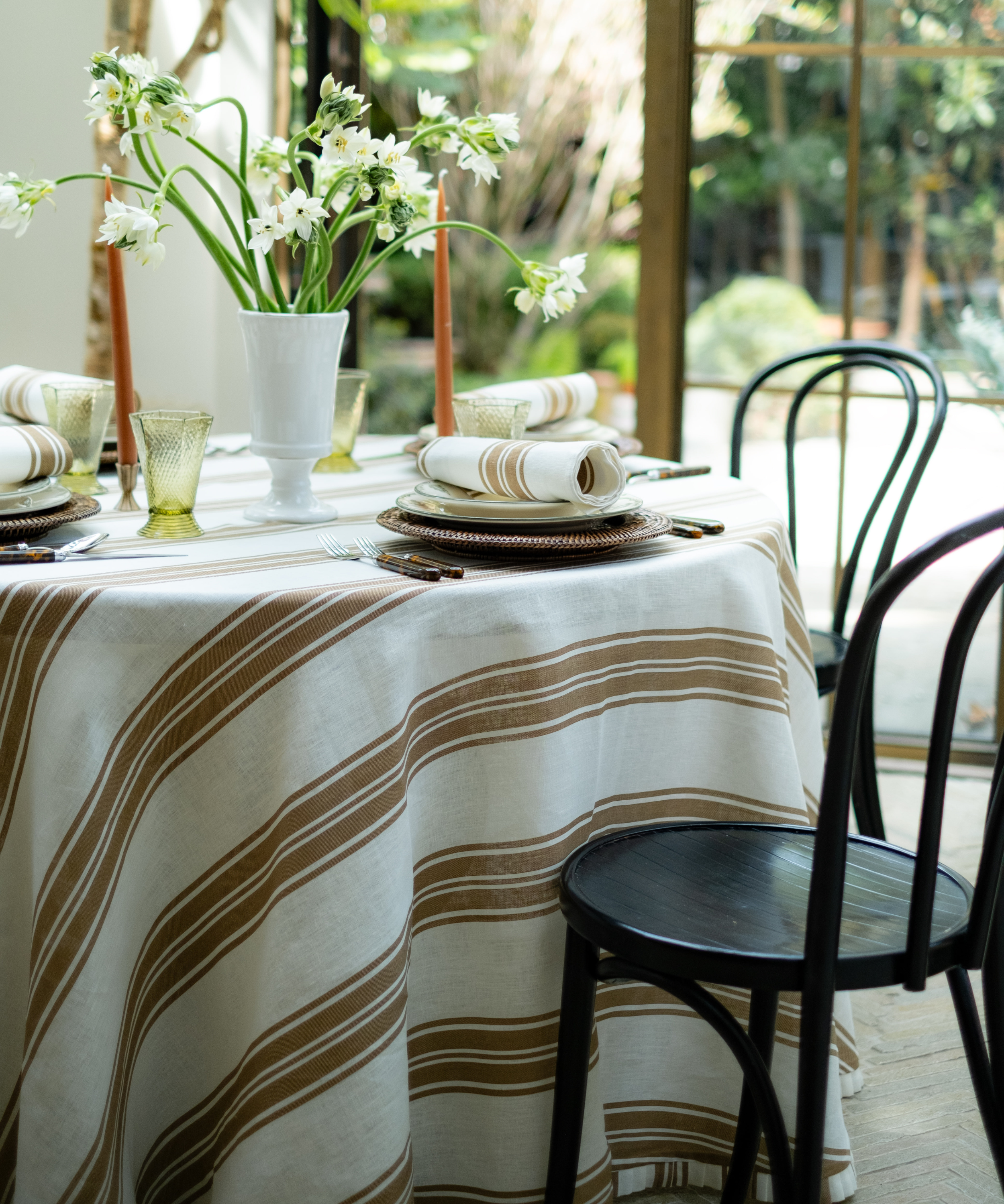 Colette Pleated Striped Linen Round Tablecloth, Nougat, with Flora Vase