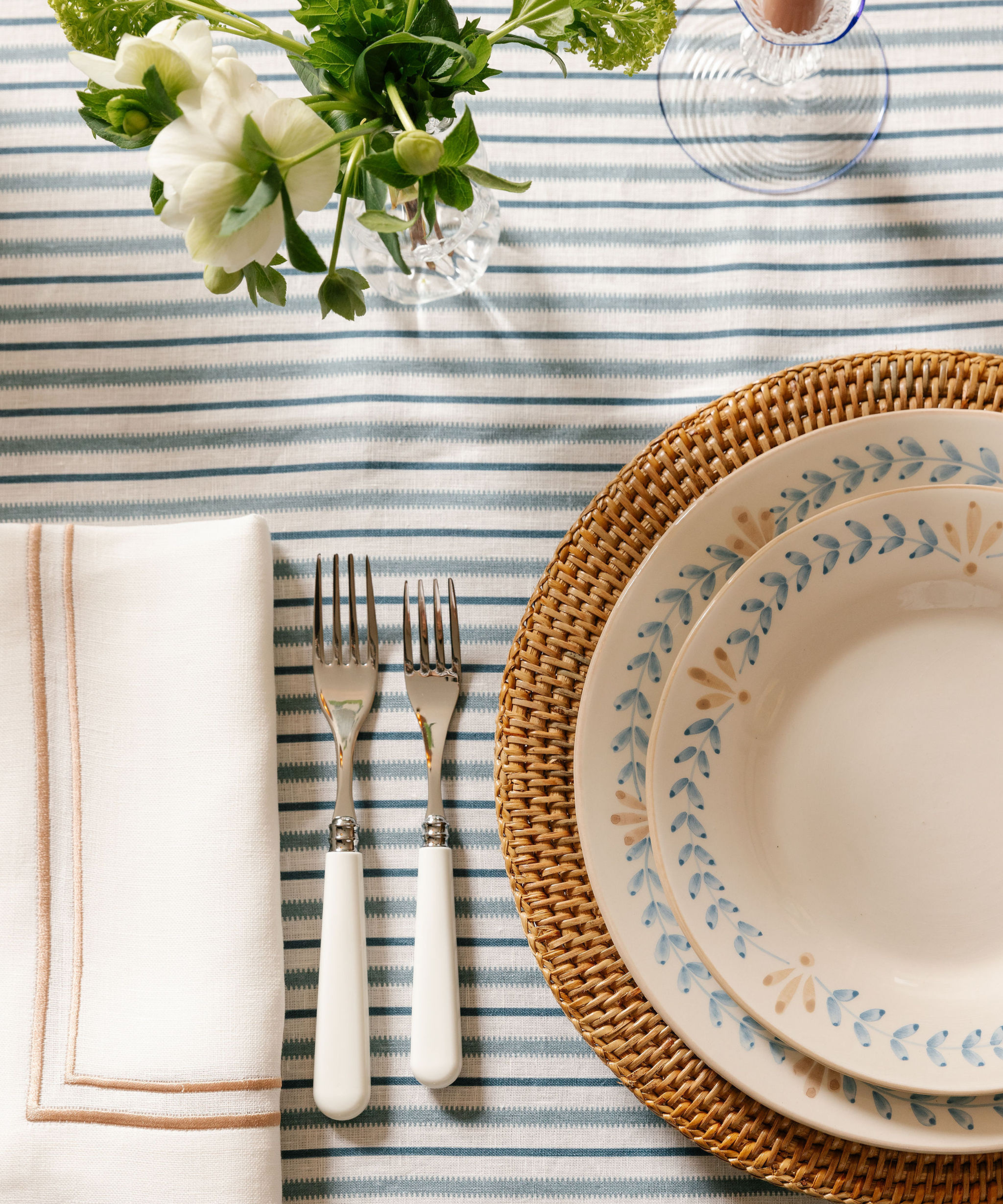 Rebecca Udall Victoria Striped Linen Tablecloth, Blue with Sophie Two Cord Napkin