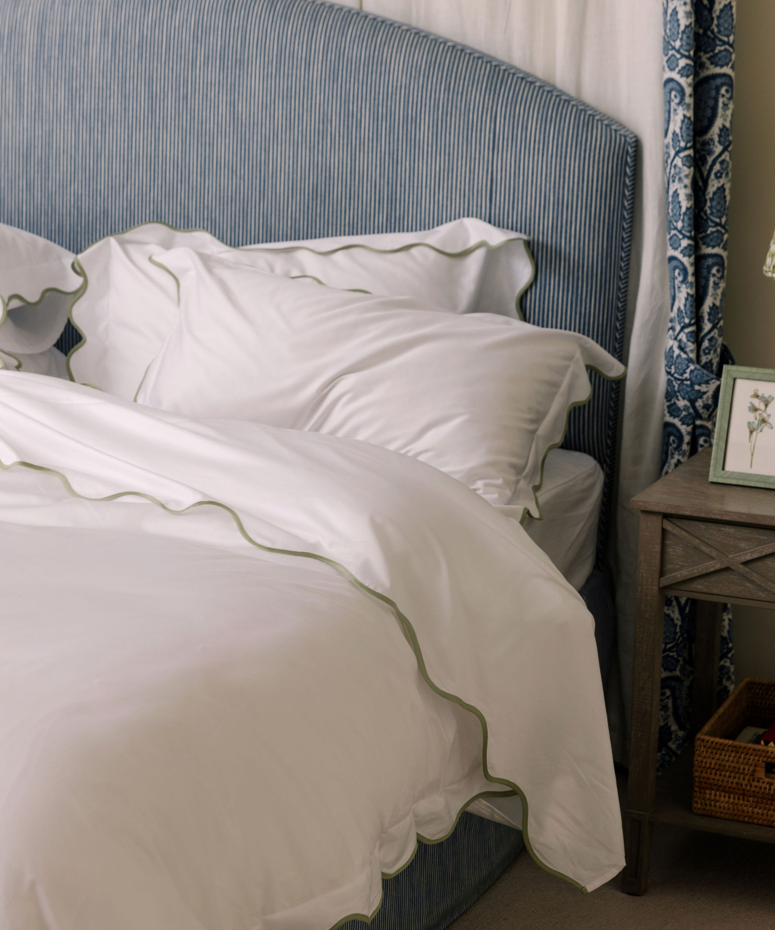 Alexandra Wavy Scalloped Bed Linen, Sage Green, Bedroom Lifestyle, with Photo Frame