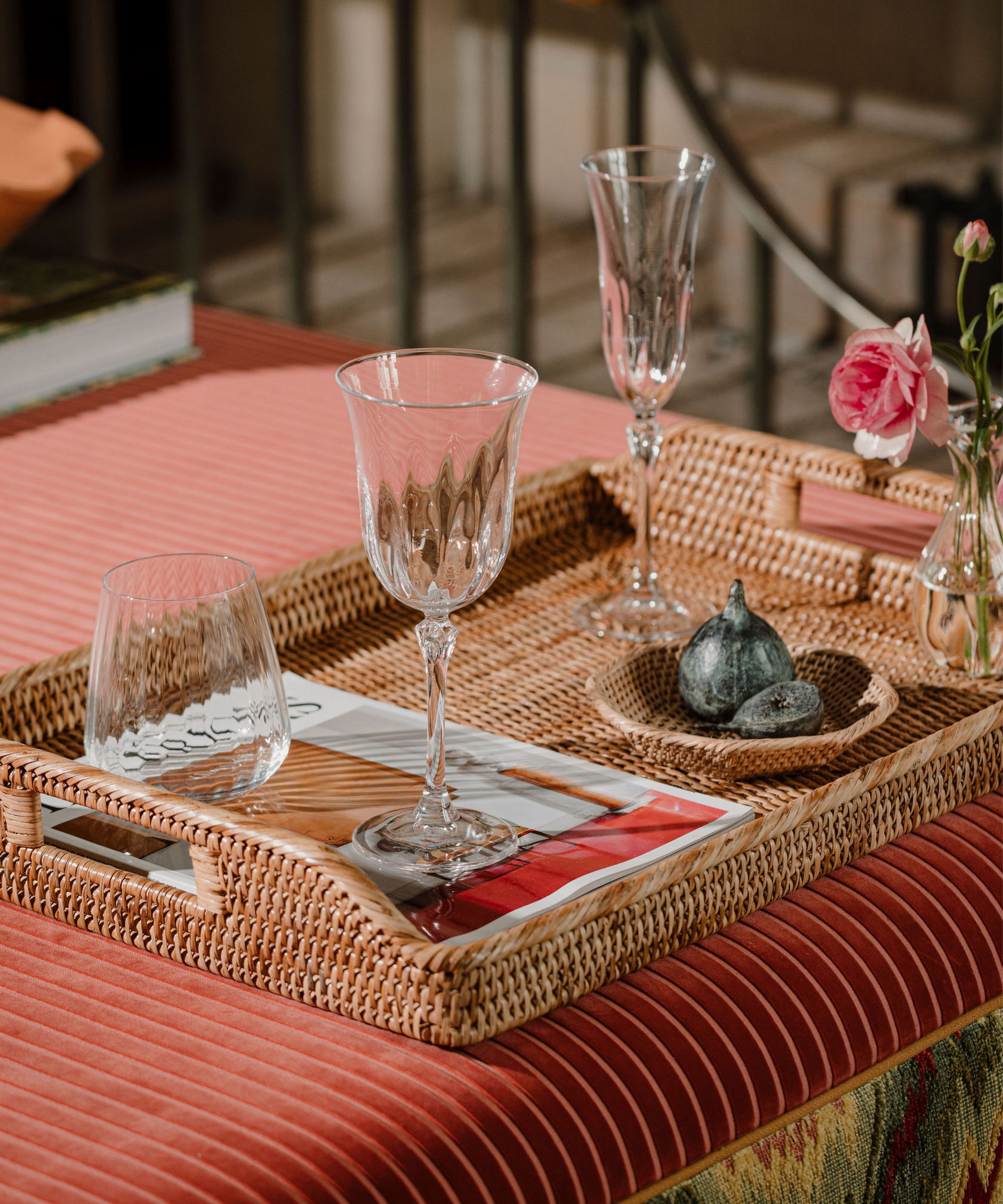 Daphne Optic Crystal Red Wine Glass, Rebecca Udall with the Rattan Serving Tray