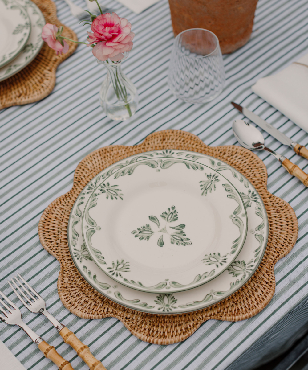 Rebecca Udall Eleanor Dessert Plate Green with the Scalloped Rattan Placemat