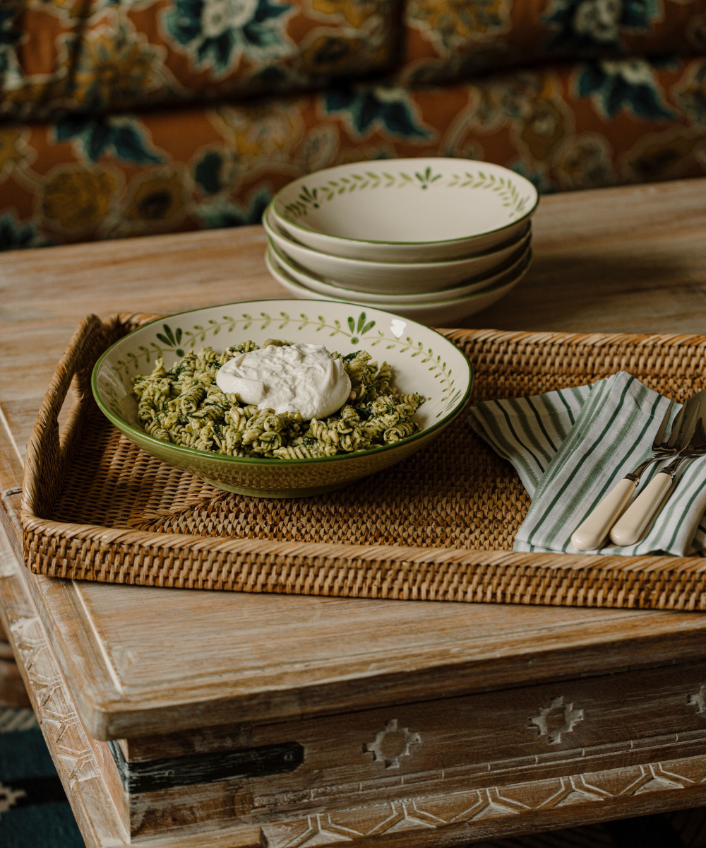 Rebecca Udall, Elouise Serving Bowl, Green with the Rattan Serving Tray