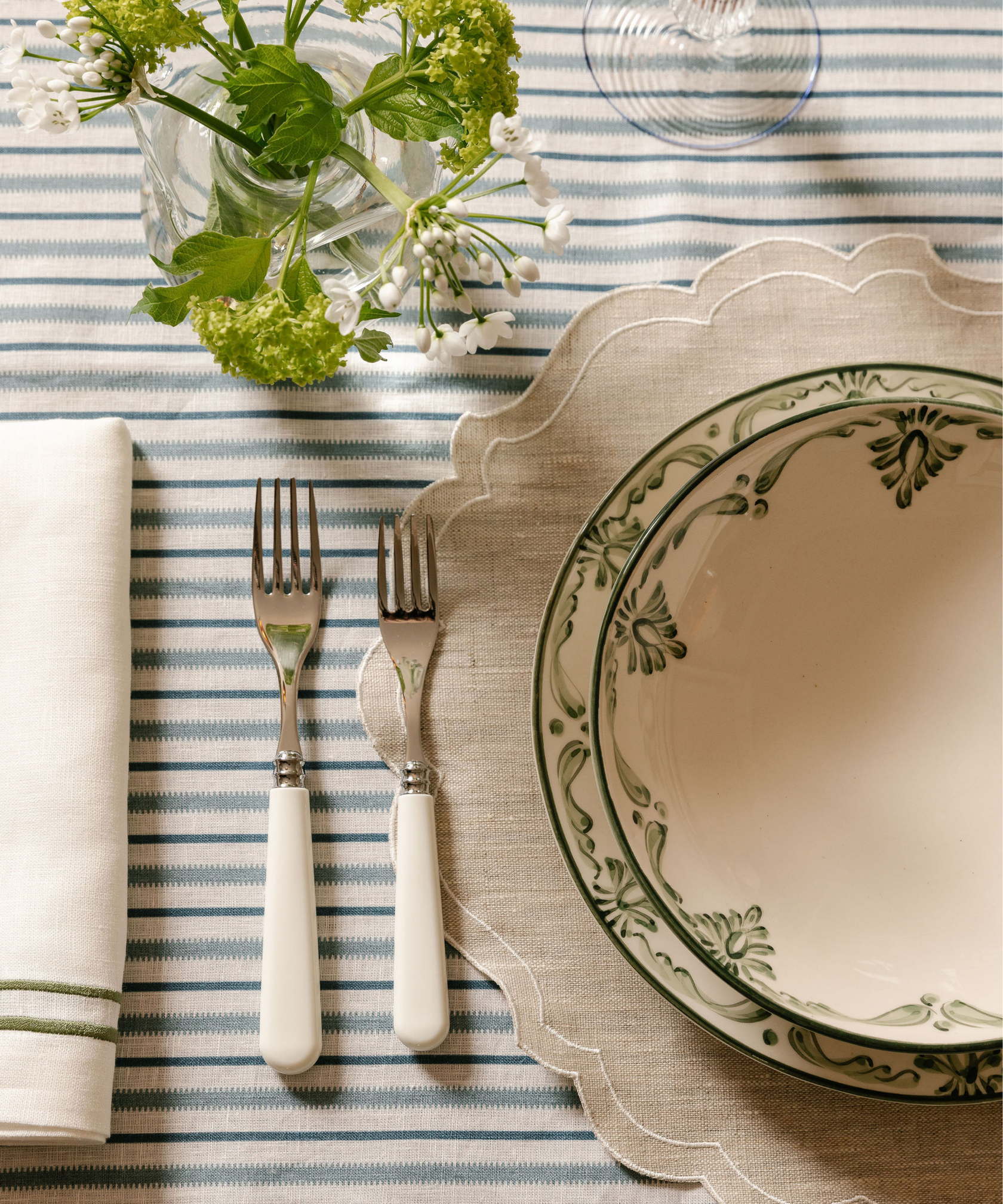 Rebecca Udall Eleanor Pasta Bowl Green with the Victoria Tablecloth