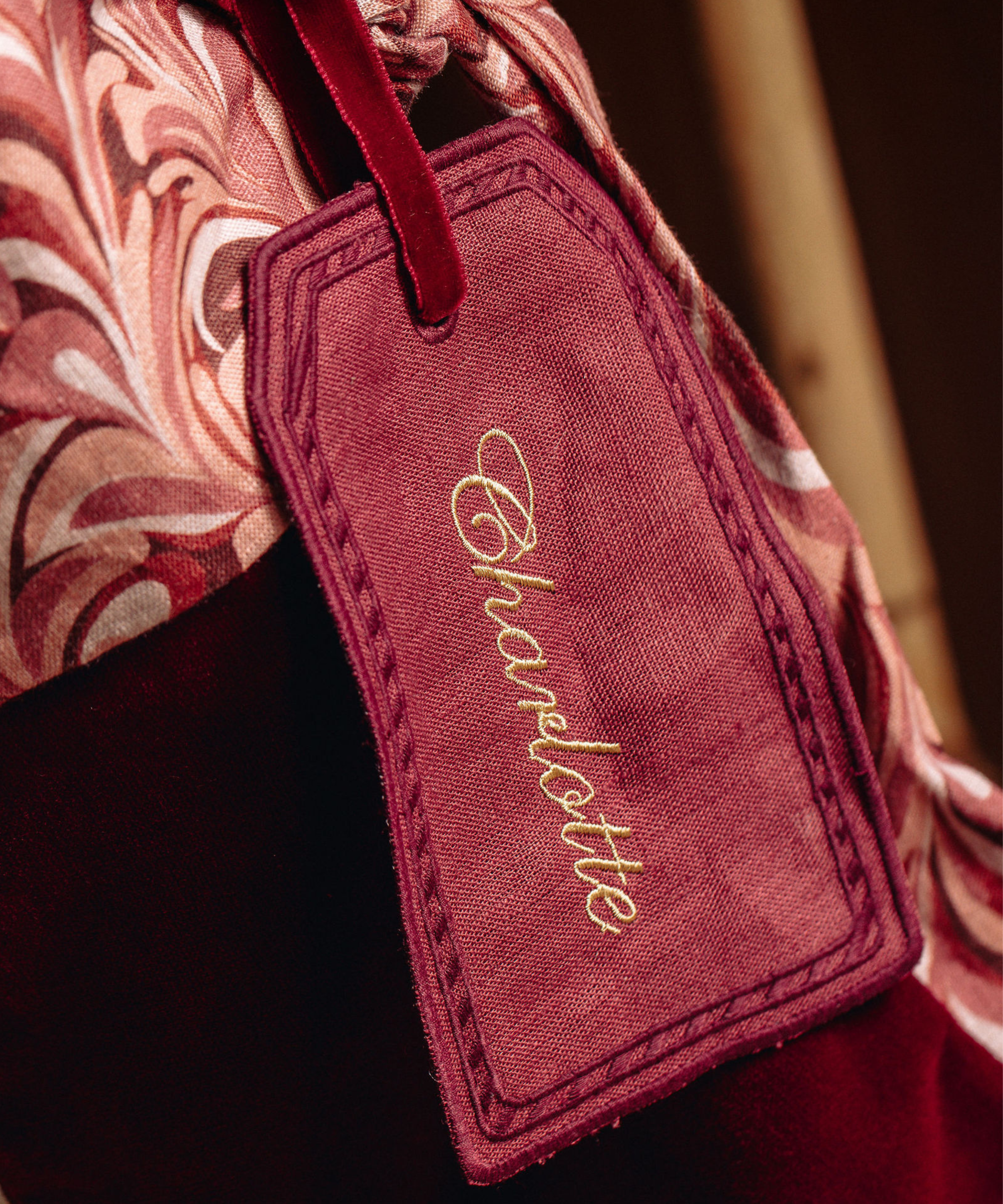 Velvet & Silk Christmas Sack with Personalised Linen Gift Tag, Burgundy