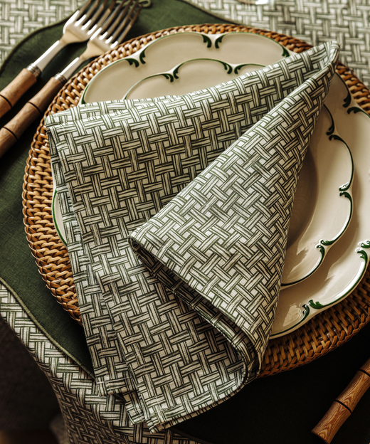 Basketweave Linen Napkin, Vine Green, with Olivia Crockery