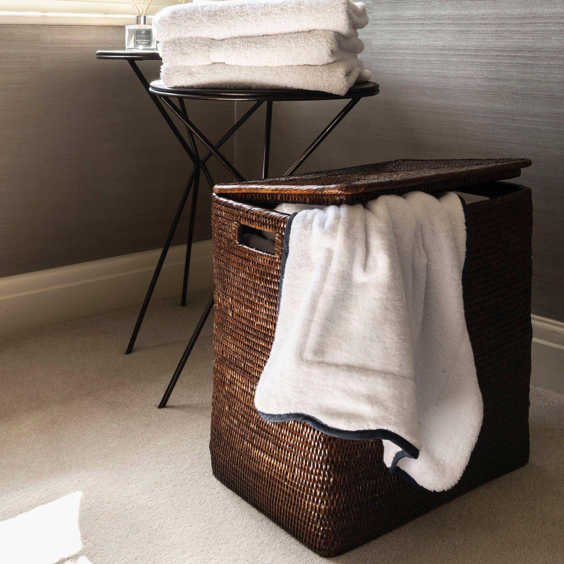Luxury Classic Artisan Brown rattan wicker bathroom bin, rectangular rattan wicker laundry basket, Rebecca Udall