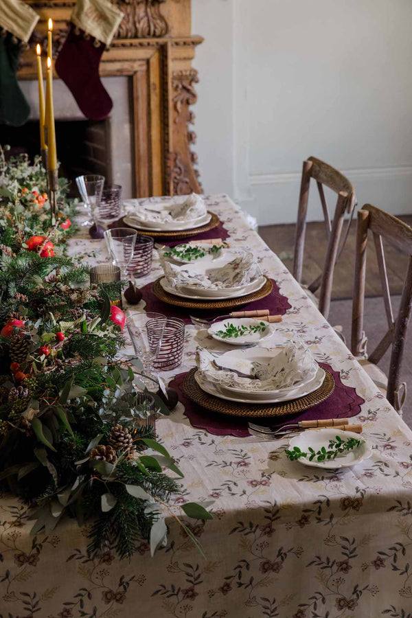 Hellebore floral Christmas linen tablecloth ruffle