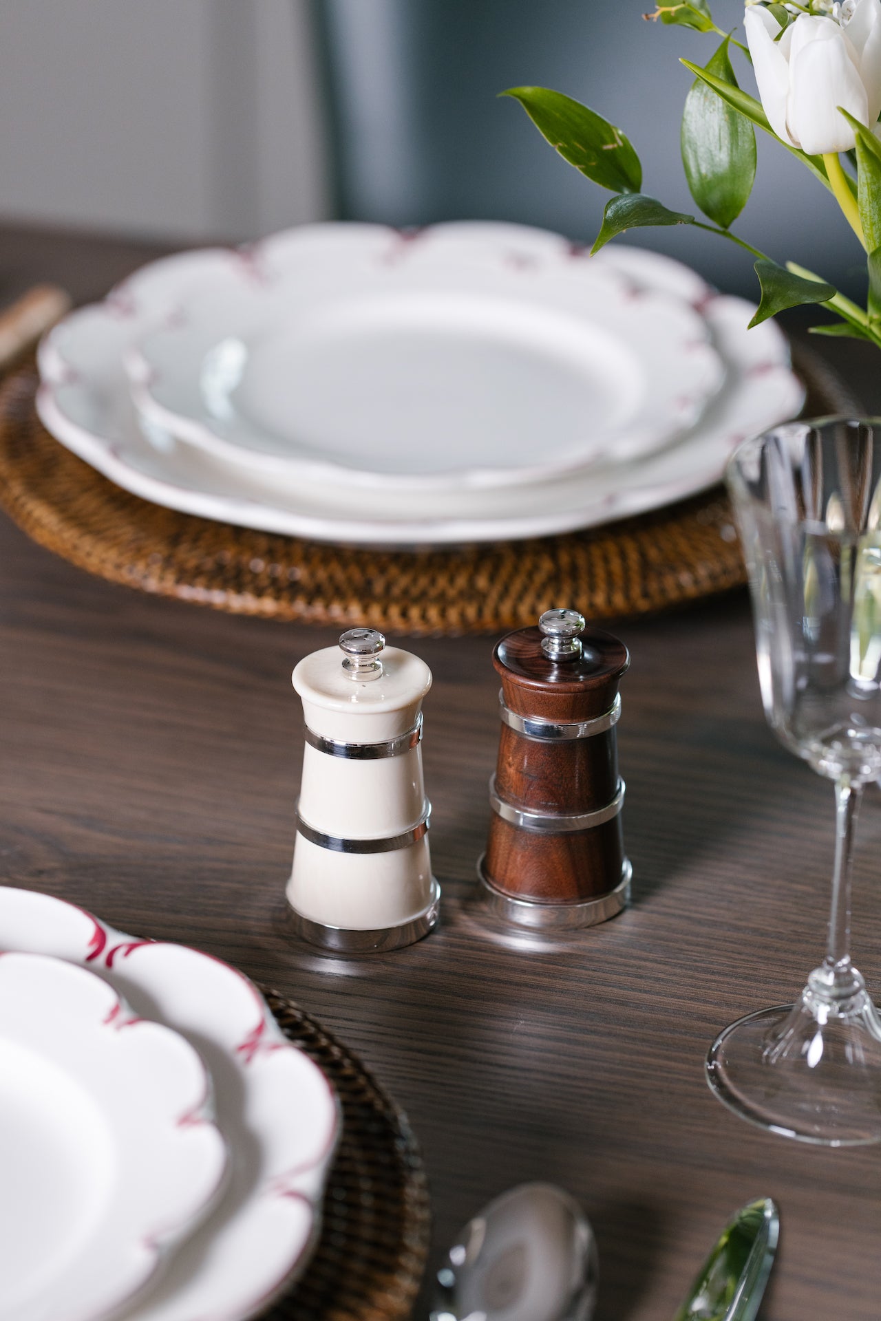 Rebecca Udall Sterling silver ivorine ivory salt and rosewood pepper mill set