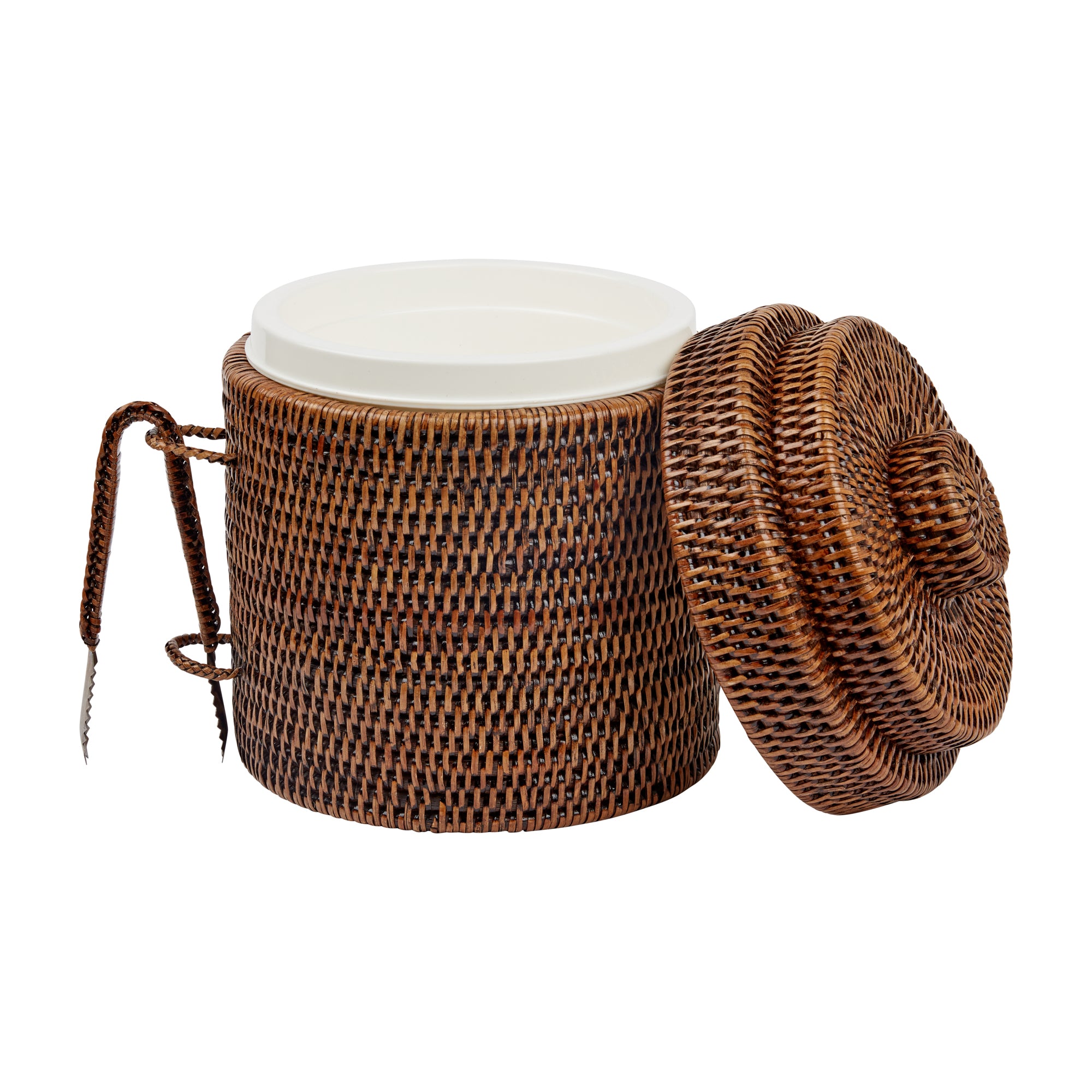 Rebecca Udall Luxury Rattan wicker woven Ice bucket with tongs, Brown, Inside View