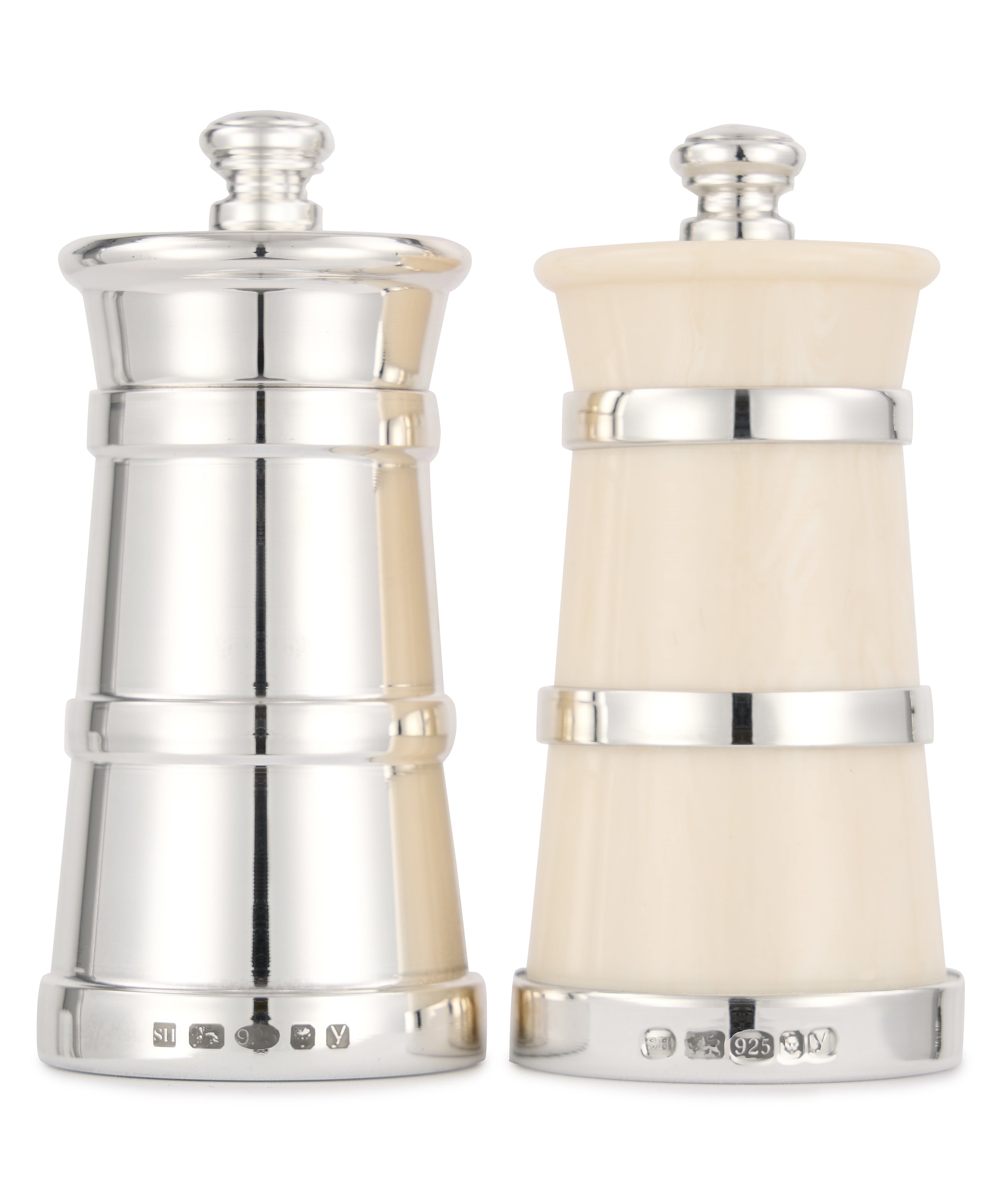 Rebecca Udall Luxury Silver and Ivorine Salt and Pepper Grinder Mill Set Close Up