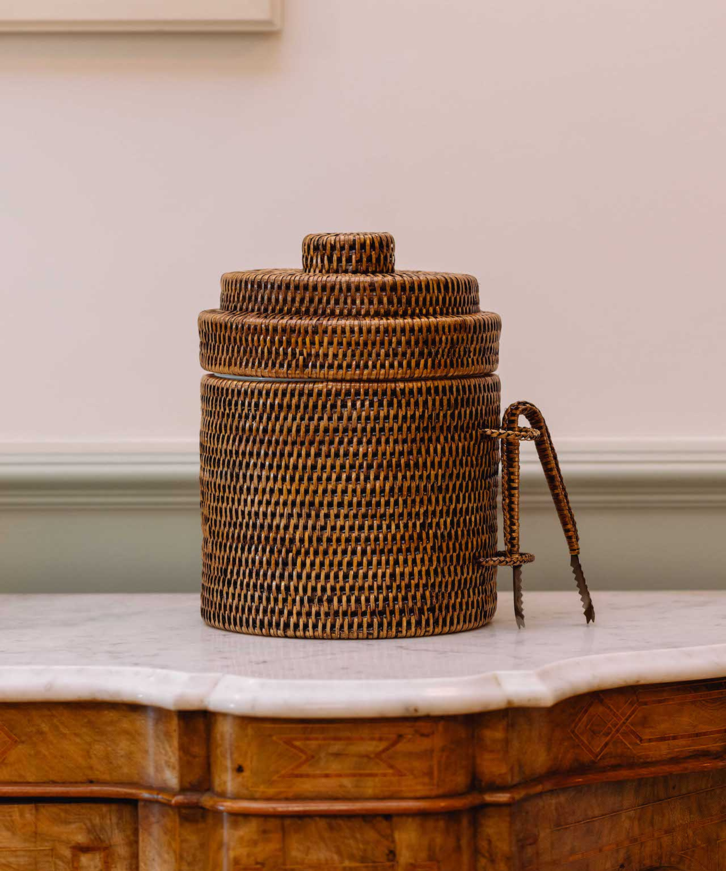 Rebecca Udall Rattan wicker woven Ice bucket with tongs, Dark Brown, Counter Set