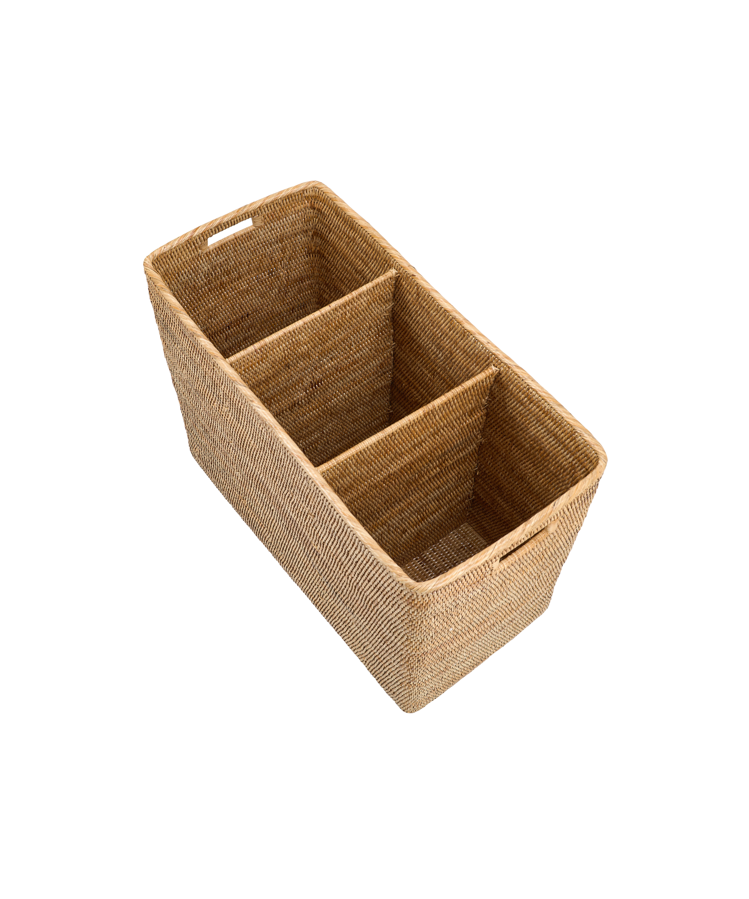 Rebecca Udall rattan wicker woven laundry basket with individual compartment dividers, natural brown
