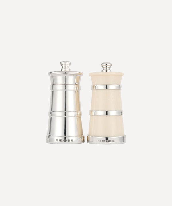 Rebecca Udall Luxury silver and ivorine salt and pepper grinder mill set hallmarked 