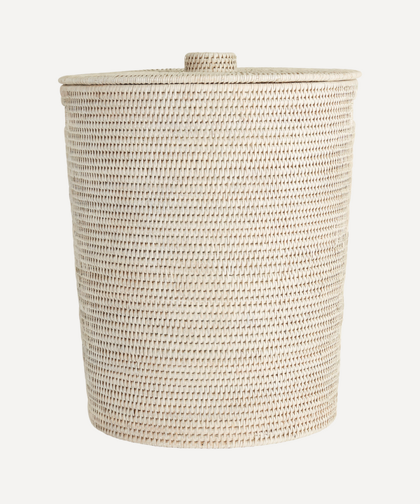 Rebecca Udall woven rattan wicker round laundry basket with lid, Rustic White 