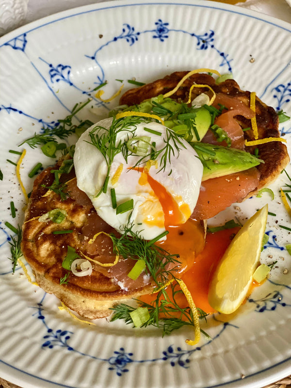 HERBY PANCAKES WITH SMOKED SALMON, AVOCADO & POACHED EGG with Amy-beth ellice
