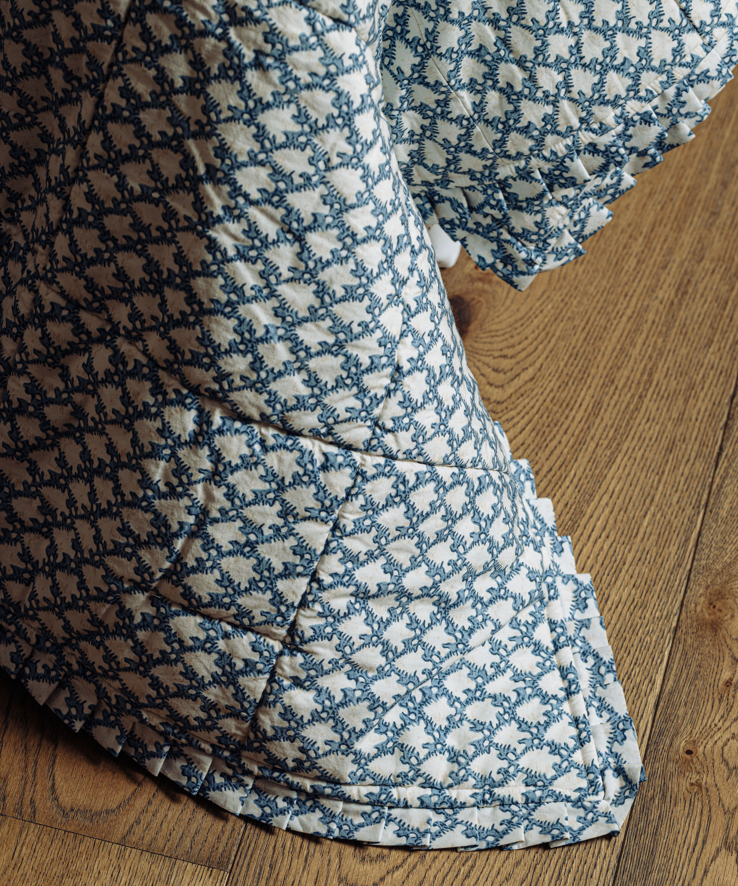 Clara Pleated Quilted Cotton Bedspread, Denim, Draped Detail