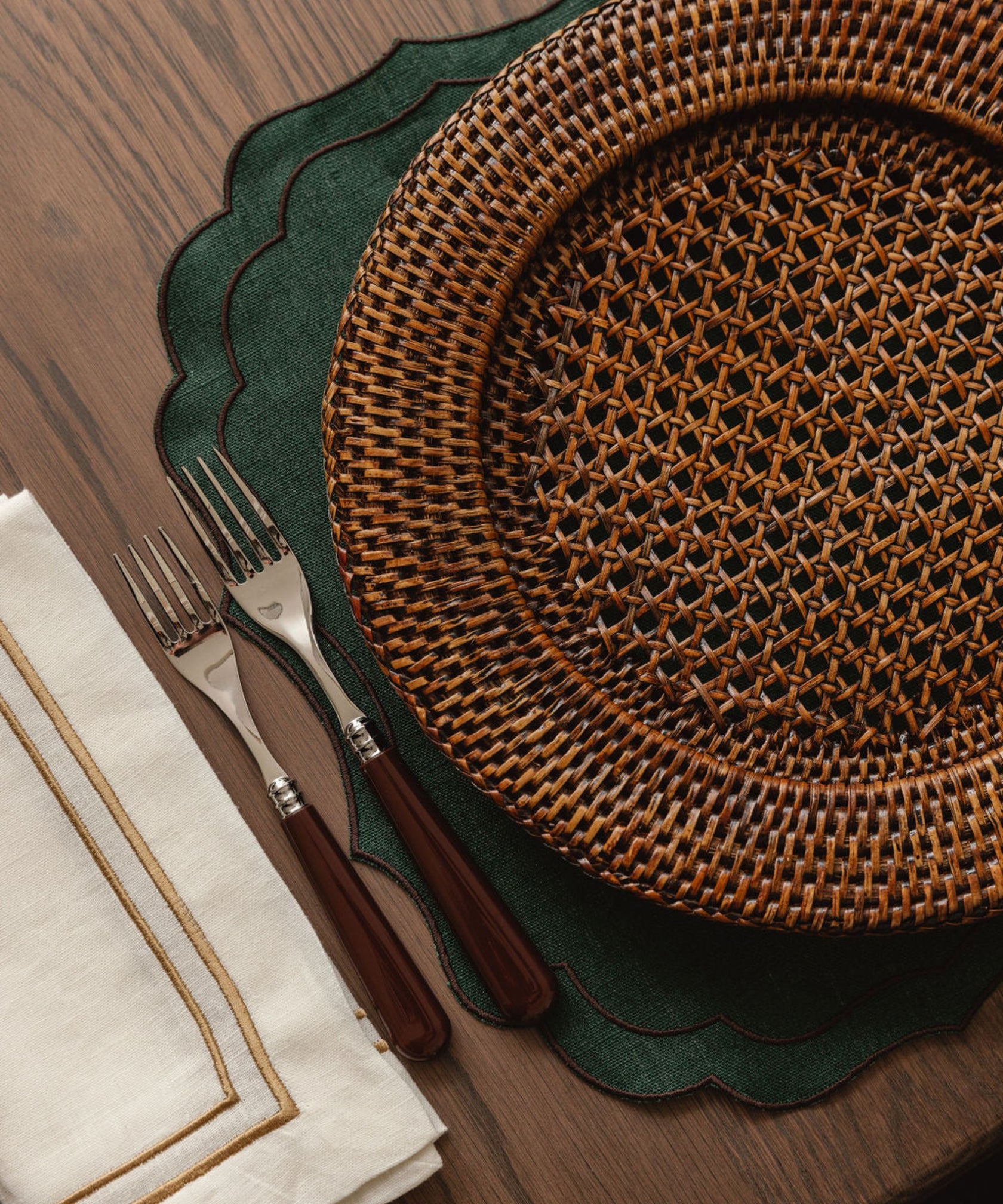Rebecca Udall Hand Woven Rattan Charger, Brown with Stella Waxed Placemats