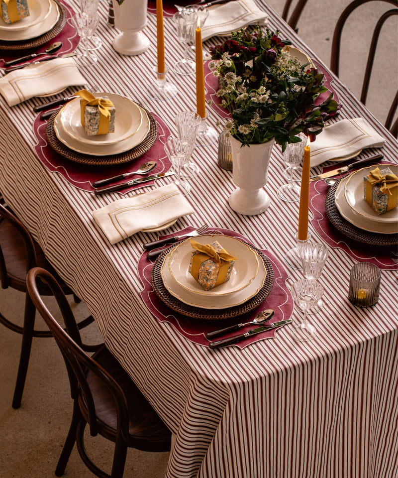 Rebecca Udall, Classic Timeless  Heritage Victoria Striped Linen Tablecloth Dinner Party, Burgundy