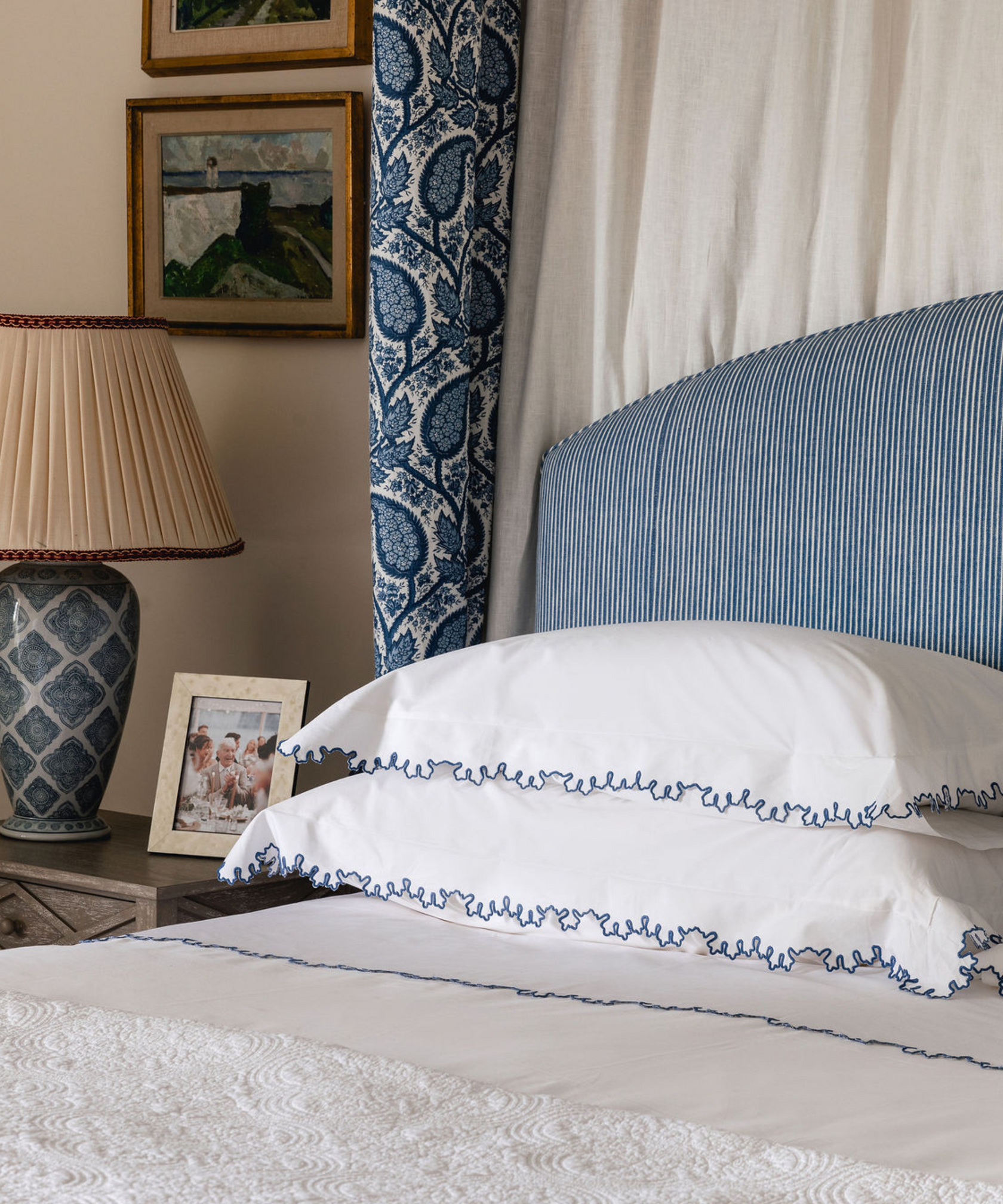 Thea Scalloped Bed Linen, Denim Blue, Bedroom Lifestyle
