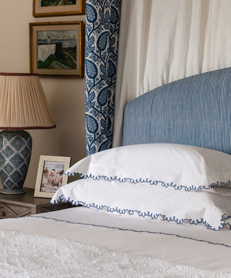 Rebecca Udall, Thea Scalloped Bed Linen, Denim Blue Trim with Katherine Photo Frame